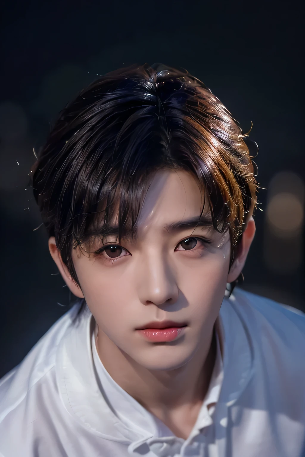 (professional lighting and shadows、silhouette:1.33)、1 male、8K、Best Quality、masterpiece、、(realistic skin texture:1.1)、(Dog Ears:1.hort hair、((night town、 light on the side))、(Looking Up from Above:1.4)、 (Downturned eyes :1.4)、 red eyes、