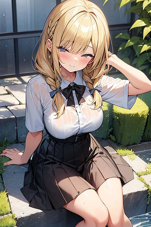 White panties,(((Browsing Caution))),(masterpiece,highest quality, detailed), girl,garden,sunny, black tights,(flipping clothes:1.5), Sweat, Ahegao, Rolling your eyes, blush, naked、blonde,Messy wavy long hair,Open Chest White Shirt、A tight-fitting shirt、black flared skirt、Big Breasts