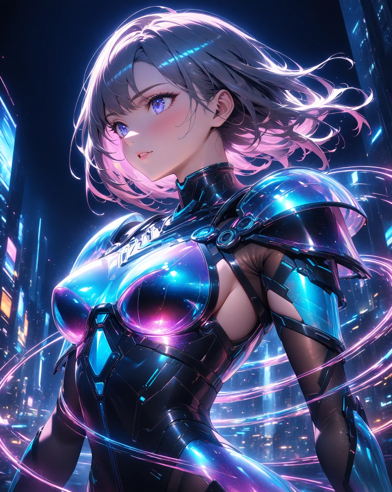 tmasterpiece,(8K,best qualtiy,tmasterpiece),超高分辨率,(realisticlying:1.4),A mechanical girl,full bodyesbian,a color,stars,Brilliant night sky,being in the grassland,beauty breast,ssmile,Eyes filled with tears,A detailed,ultra - detailed,sci-fy,Extremely fine,(Pure white shirt,JK skirt,black lence stockings),Look into the distance,High ponytail,Lilac and turquoise hair,full bodyesbian,long whitr hair