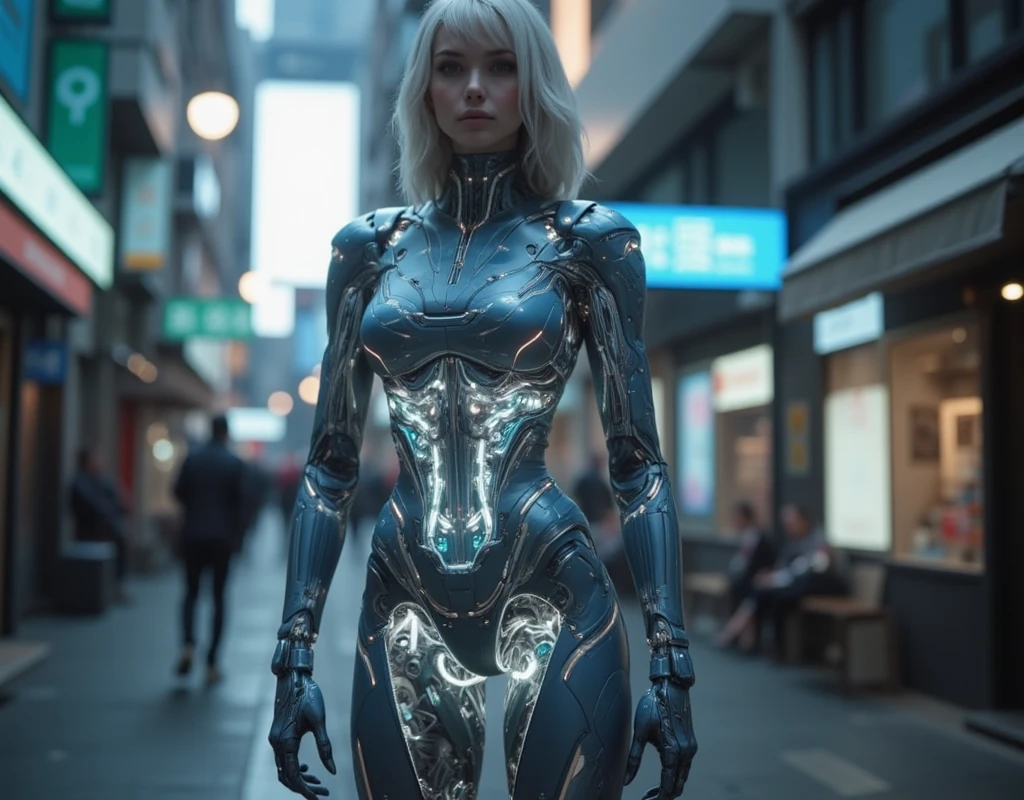 High Resolution Feminine Android, Translucent Body with Shining Inner Mechanisms, Glowing Neuronal Pathways, Refined and Elegant Cybernetic Limbs, futuristic city background , cinematic lighting, Photorealism
