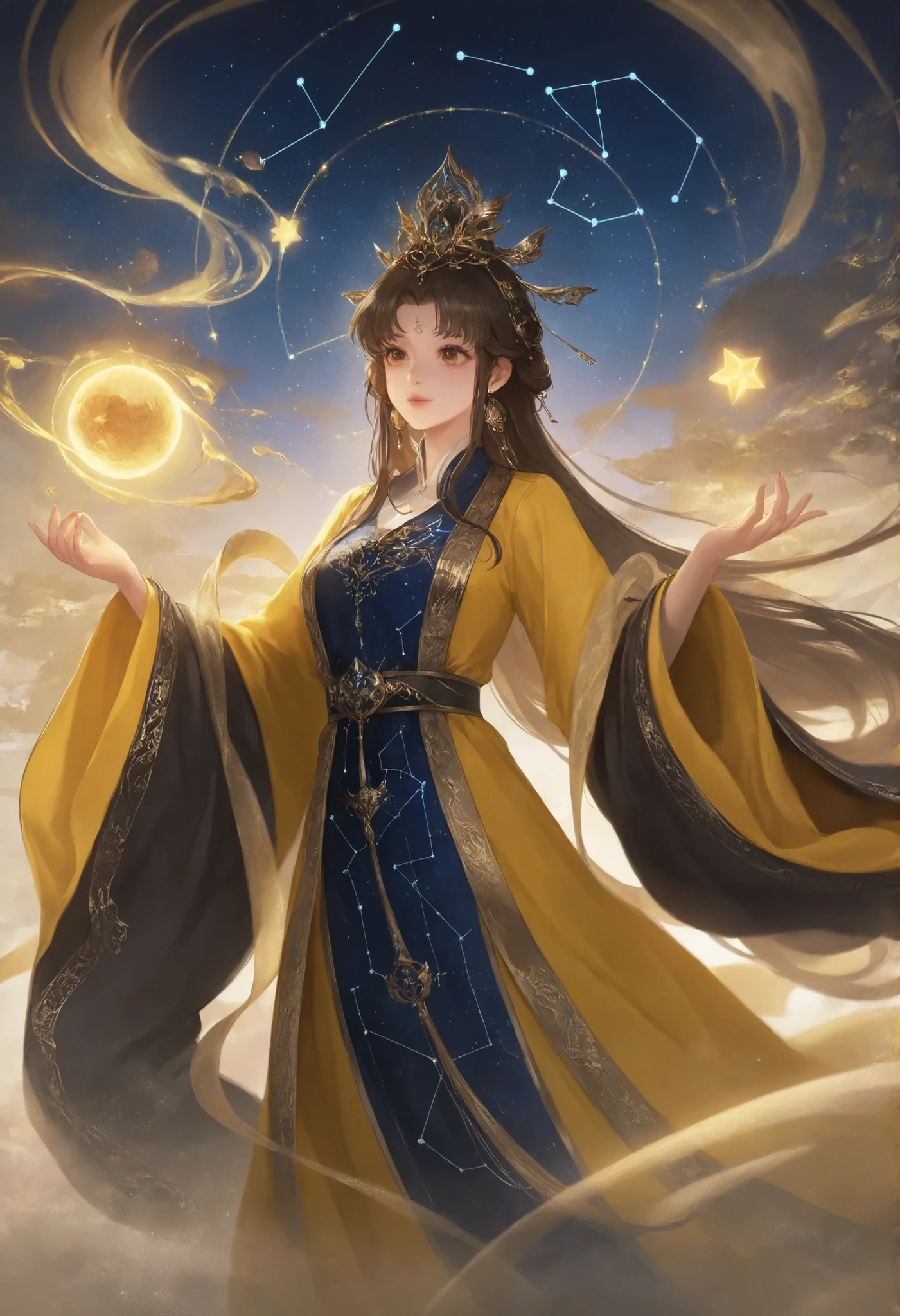 star_observing_taoist, constellation_embroidered_robe, floating_script_scrolls_orbiting_like_planets