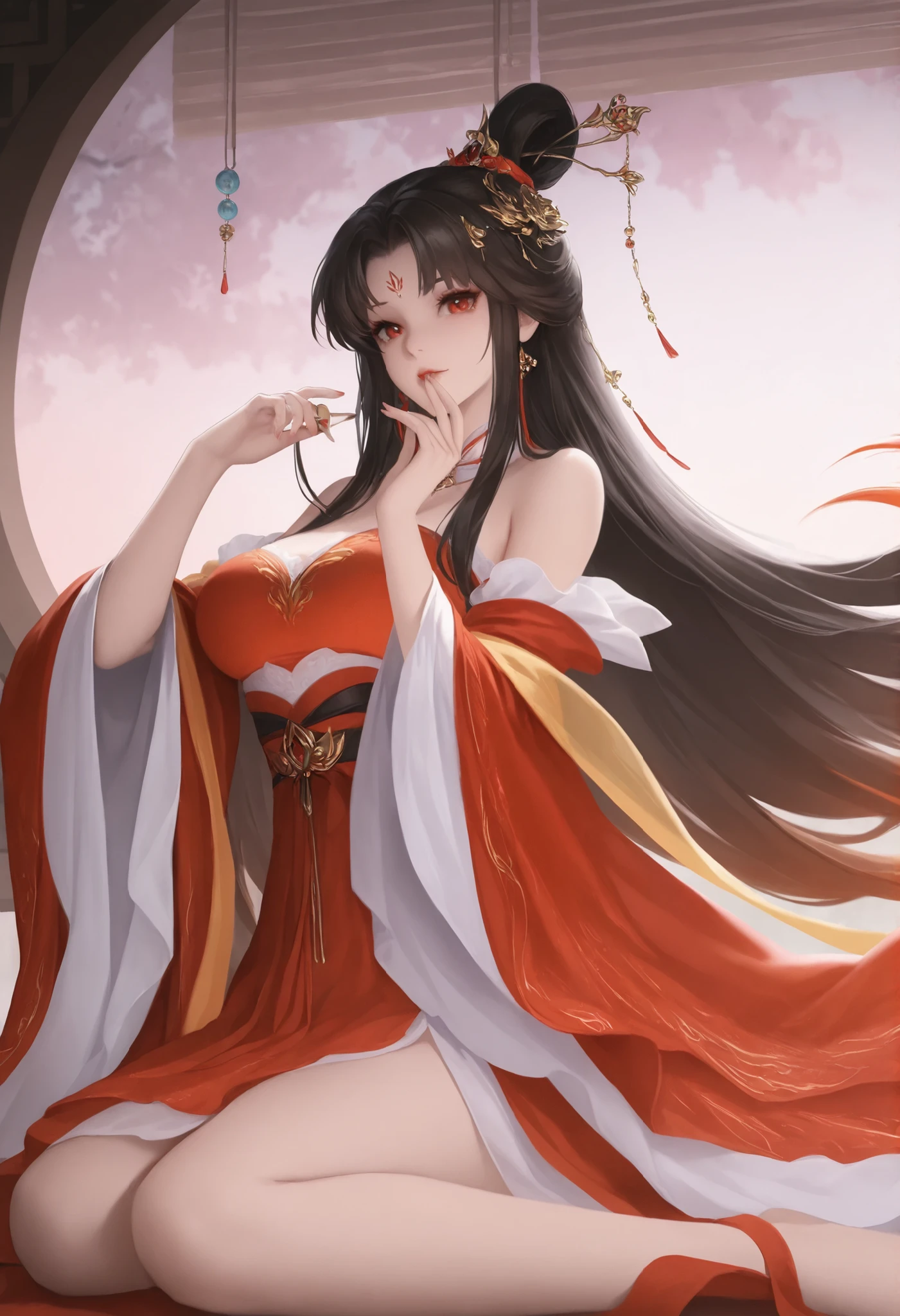 1girl,nine_tailed_princess, crimson_hanfu_burning_without_ash, foxfire_hairpin_dripping_phantom_peonies  
,masterpiece, best quality, newest, highres, absurdres,