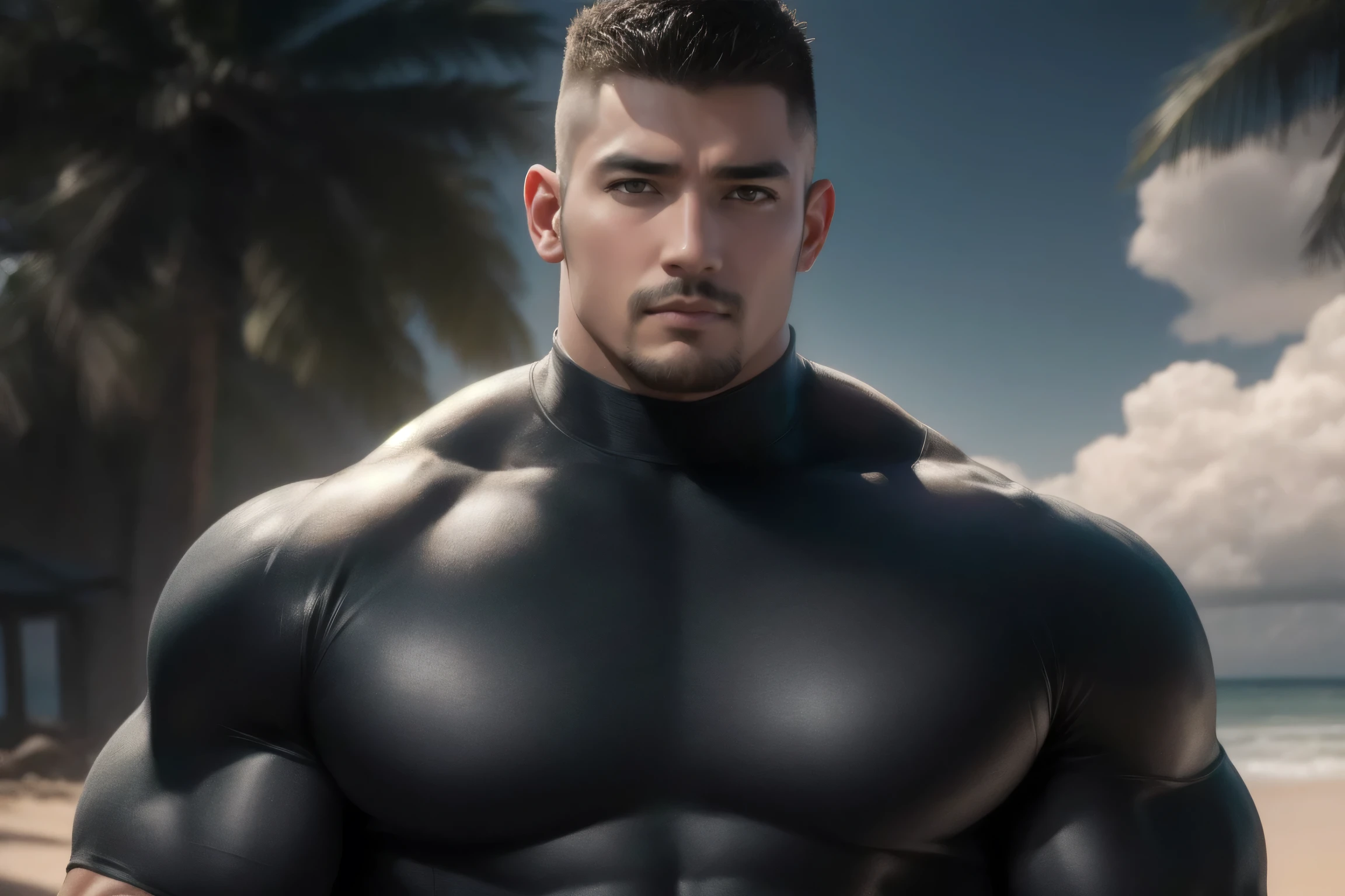 Handsome man with Latin mulatto skin and attractive features, tanned skin tone, dark blue eyes with friendly expression, thick muscles, medium long men's haircut, black brown hairstyle, small beard, wearing black leather tight shiny tank top and leather pants, beautiful tattoos all over the body. Only.