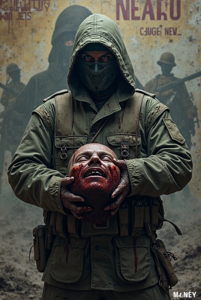 Soldier covered from head to toe in blood. Covered in blood, surrounded by blood