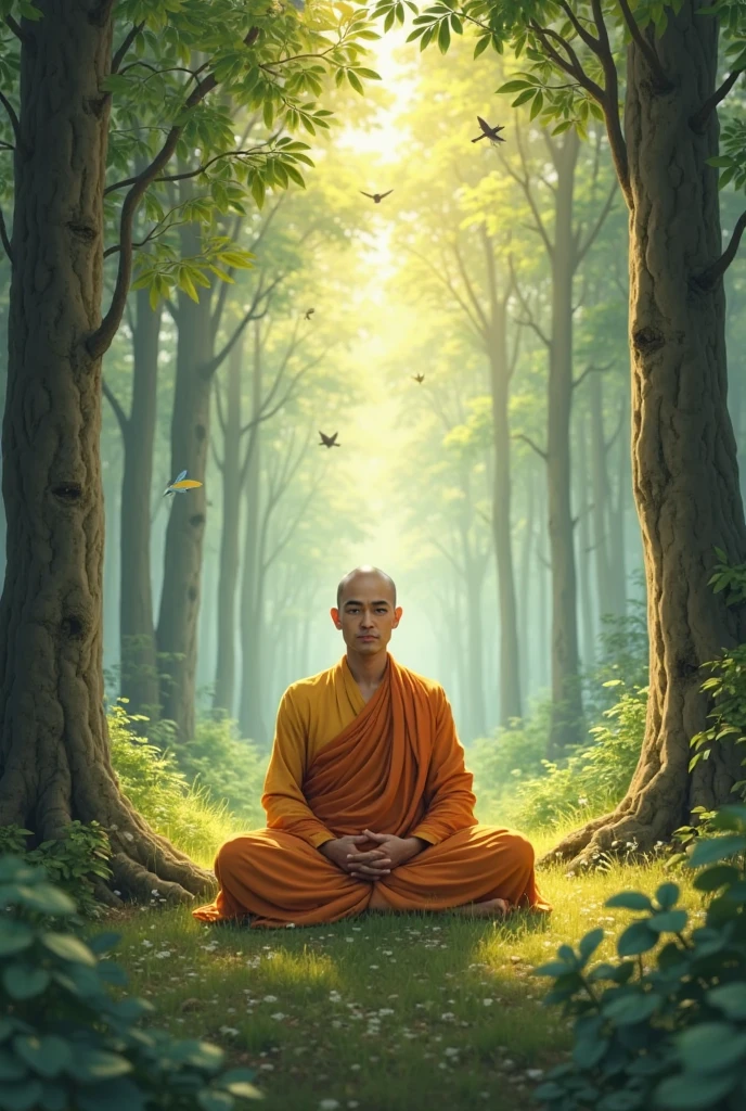 Chanakya a monk yellow cloth in a forest
Come no beyord no hair inhand a book