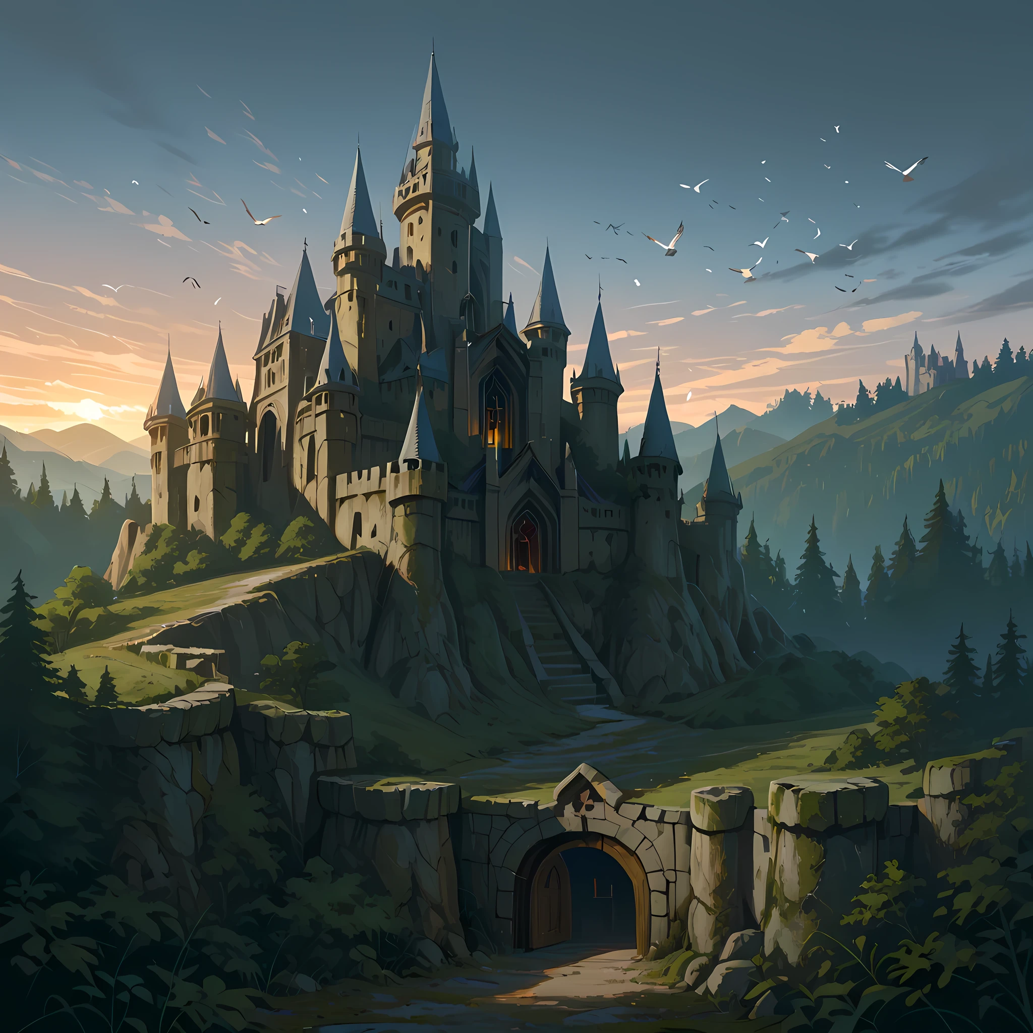 ((castle with five towers, wooden trapdoor and gates, gray colored castle, aged moss on castle walls, castle in the middle of the forest):1.4), ((twilight sky, birds flying in the sky)) | ((best image quality, best shading, best color balance, lighting balance, best sharpness, masterpiece, full HD, epic fantasy art, semi-realistic art, incredibly detailed scenery)), (counter-dive angle, castle seen from close up).