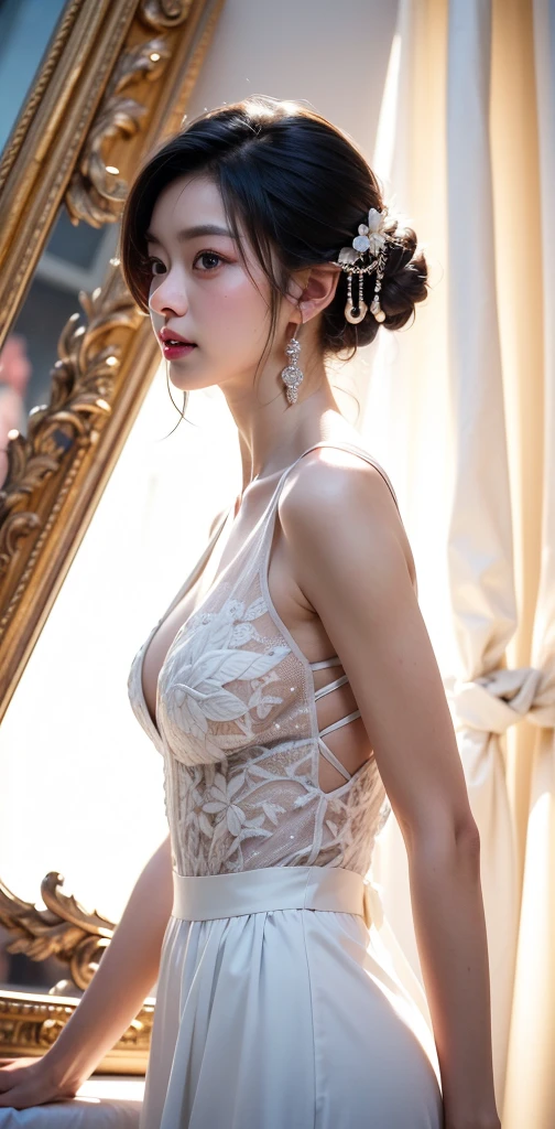 Full body of a very beautiful woman standing on the balcony of a European castle,At night,She seduces the viewer,She is trying to take off her dress,Side angle,Upward-facing buttocks,(Arch your back),Sexually arousing facial expressions,(Wearing a lace dress),(((Dress being taken off))),See-through dress,See-through,revealing sexy dress,Sex Appeal,Sensual 40-year-old,sex appeal,Bold,(masterpiece),(Highest quality),(8K),(Super fine),(Super detailed),slender,skinny,Perfect proportions,Perfect body,Large Breasts,Cleavage,Small waist,Waistline,Big Ass,The background is a night city,Looking at this,A little small face,Very beautiful face,double eyelid,Detailed eyes,Beautiful eyes,Open your eyes slightly,Long eyelashes,Natural Lip,Stunningly beautiful face,Mature body,Erotic body type,A seductive gaze,(Lift your chin),(Sexual climax),Ecstatic expression,???????,Bewitching atmosphere,Earrings,Gorgeous necklace,Stand all over the body,Long legs,Beautiful feet,(Short bowl cut hair),((Gray Hair:1.2)),(Anatomically correct body),Physical-level rendering,Anatomically correct feet,Anatomically correct fingers,