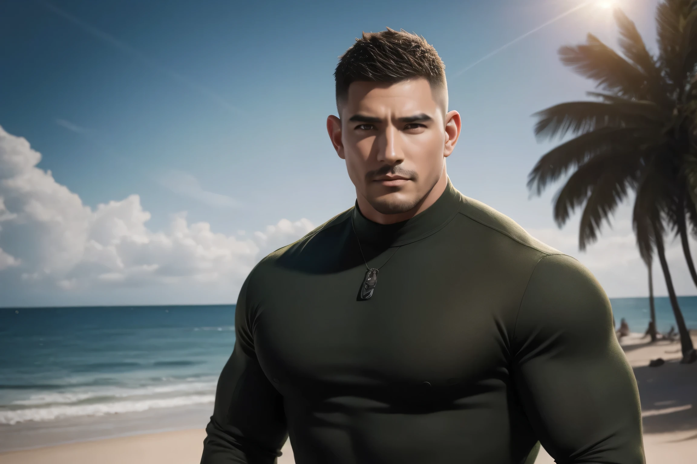 An award-winning original photo, 1 man, solo, ((41 year old)), Chris Redfield, ((daddy)) weaing casual gray T-shirt inside, ( jacket with white and green print outside), (black trousers), muscular male, tall and hunk, biceps, abs, deadpan face, best quality, masterpiece, dynamic angle, beach in the background, detailed face, volumetric lighting, center focus, from below,(Best quality, A high resolution, Photorealistic), Cinematic lighting, Masterpiece, RAW photo, Intricate details, hdr,