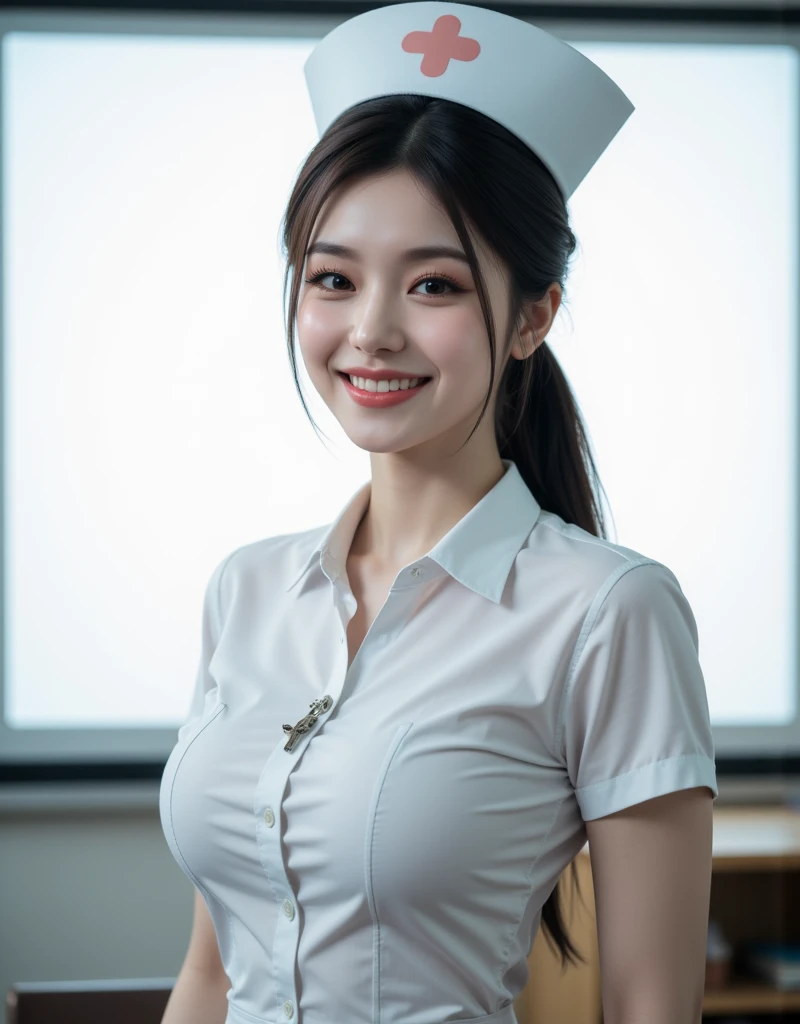 ((highest quality、Masterpiece、High resolution))、(((Zoom photo of upper body)))、(A shy smile:1.2)、One 15-year-old female、Beautiful Skin、Beautiful Eyes、Large Breasts、Nurse uniform、Black Hair、Trimmed bangs、Semi-long hair