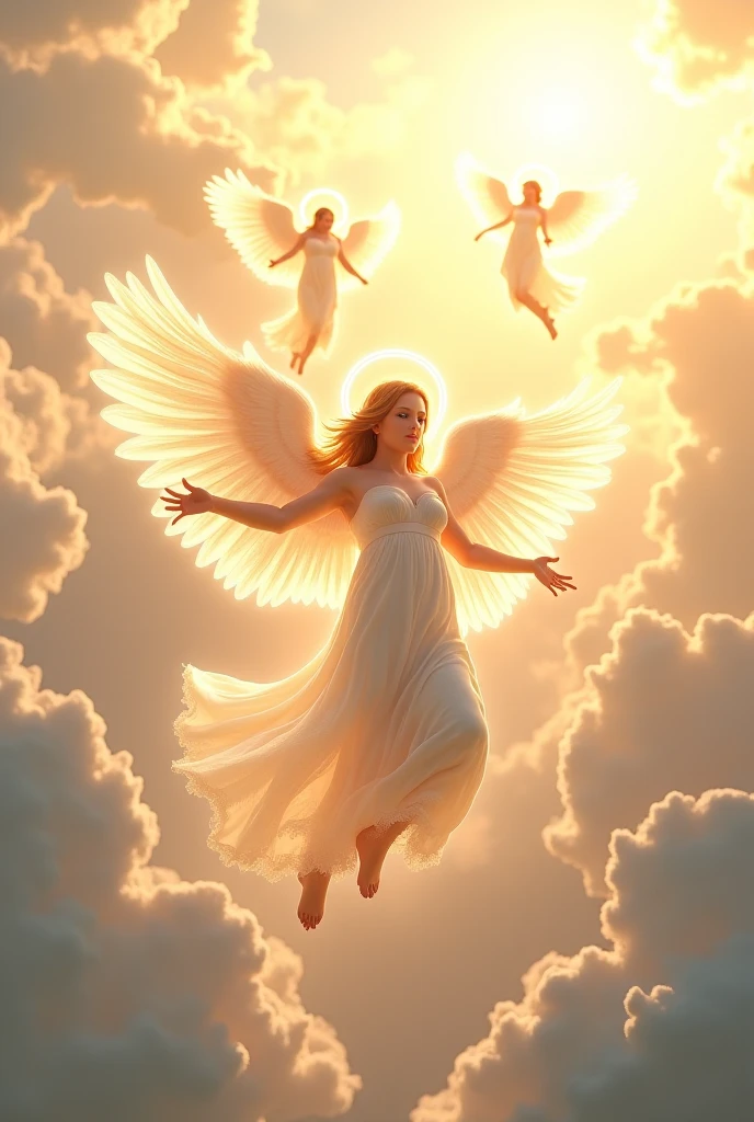 create a flight of child angels, illuminated sky, an adult angel in the center