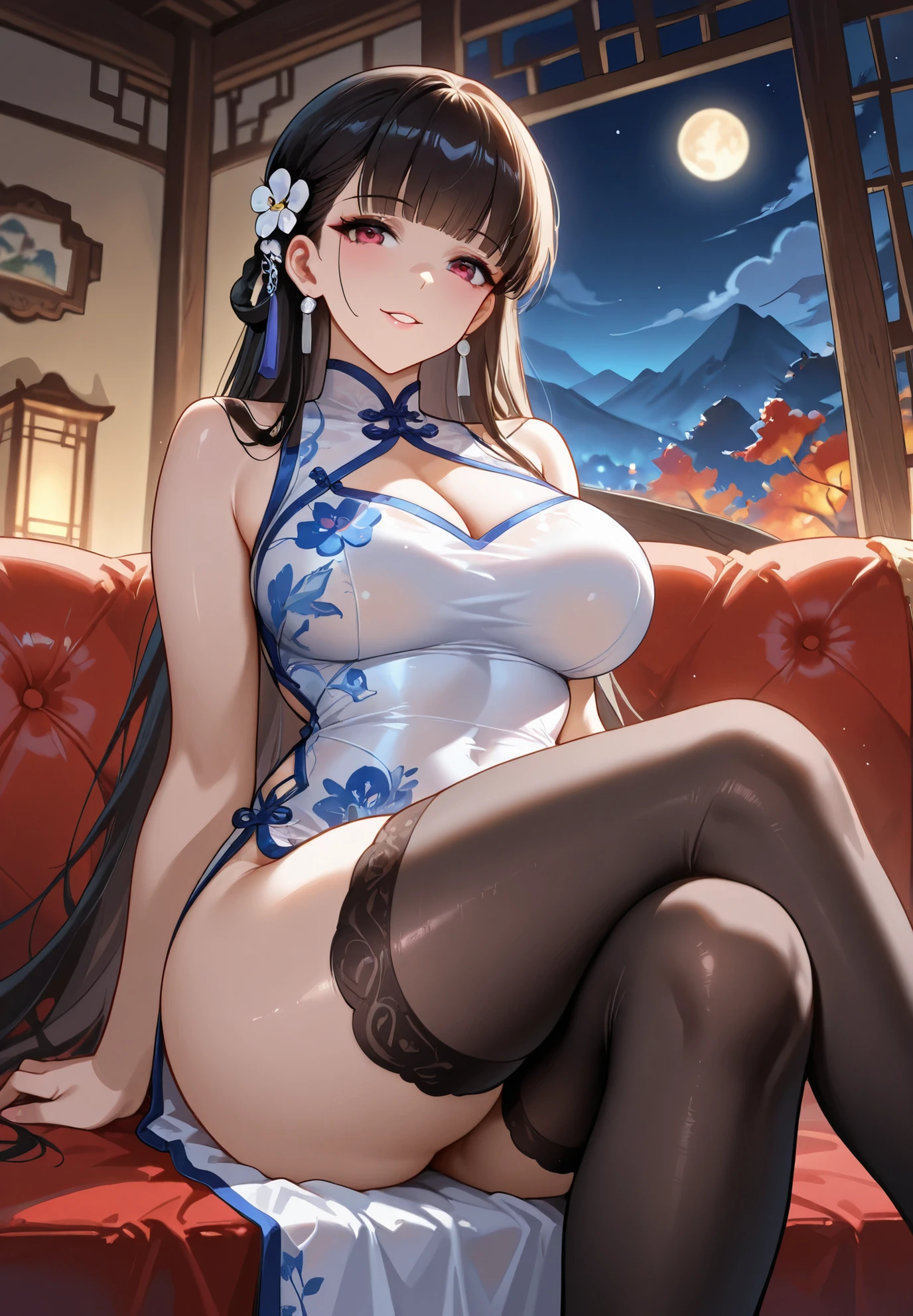 (((Masterpiece))),(((Super Detail))),(((in 8K))),(((best composition))),(((Rim lighting,Fireglow effect,deep shadow))),solo),Beautiful fingers,Detailed finger features,(Detailed hair features:1.7),(Dynamic and sexy bending pose:1.3),detailed facial features,detailed clothes features, (perky chest:1.1), (pointed chest:1.3), delicate beautiful face, Bright blue eyes, cute eyes, sparkling eyes, Big eyes, beautiful detailed eyes,double bun with glittering hair ornament:0.6,(super detailed glossy skin:1.3),slender body,goddess smile,((with sparkling eyes and a contagious smile)),beautiful posture,have a cup of coffee,black hair, red eyes, dress, bare shoulders, jewelry, collarbone, sidelocks, hairband, earrings, indoors, off shoulder, sweater, arms behind back, plant, short hair with long locks, white hairband, off-shoulder dress, sweater dress, off-shoulder sweater, red sweater, big side hair, very long side hair,(super delicate floral pattern:1.2),seductive cleavage:1.3,beautiful glossy legs,shiny red high heels,lifting dishes with cakesd,french restaurant,hustle and bustle,rising steam,(((depth of fields)))