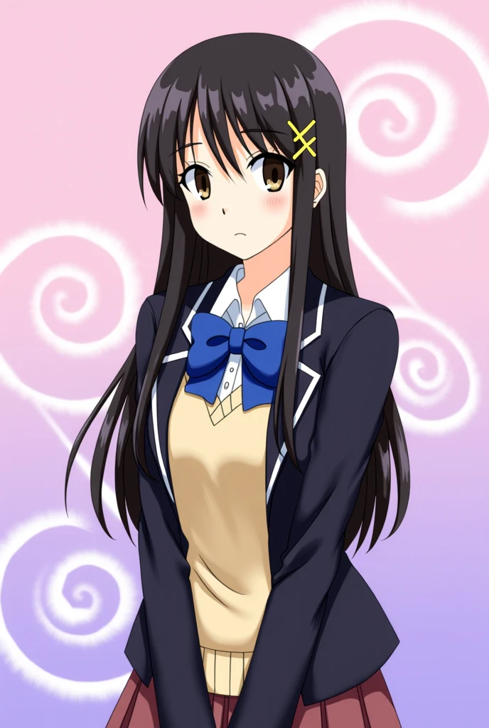 chigusa nana, 1 girl, (solo), ((chigusa nana)), best quality, highres, high quality, 8k, HD, super detail, anatomically correct, UHD, accurate, (masterpiece:1.2), (high quality:1.0), (ultra detailed), (No background), (White Background), (Blushing), (Adult), skirt tug, long hair, black hair, parted bangs, hair bow, brown eyes, white bow, green blazer, red bowtie, uniform skirt