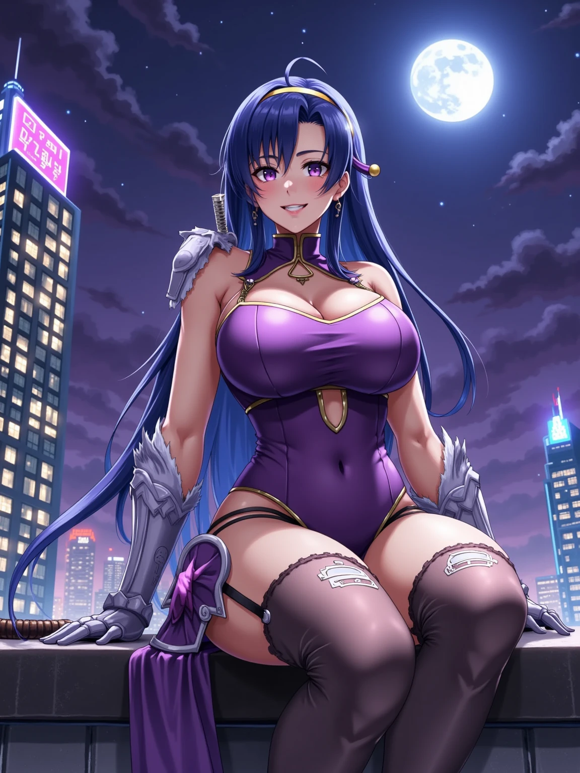 beautiful woman, extremely long hair, purple hair, hair covering one eye, bright blue eyes, glowing eyes, lots of freckles, full lips, ((gigantic breasts 2.0)), extreme cleavage, deep cleavage, thin body, syperhero outfit, extremely high waist leotard, keyhole leotard, bare arms, gloves, ((bare legs)), high heels, superhero mask, mask, superhero cape, cape, perfect anatomy, extreme blushing, smile, seductive, ultra detailed, city rooftops background, masterpiece, full body shot, 4k