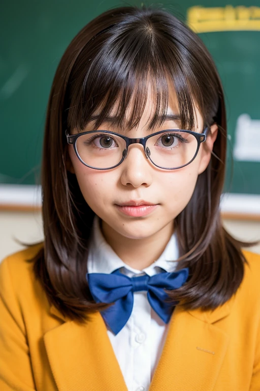 Lens 135mm f1.8,(Best Quality),(masutepiece:1.1), (Beautiful 10 year old Japanese girl),  (moist orange lips), Slender eyes, double-edged eyelid,
 (Look at another one), (close-up:1.3),  shame, Faint smile,
(Dappled sunlight:1.2), Dramatic Lighting, 
(Japan school uniform), (Thin glasses),