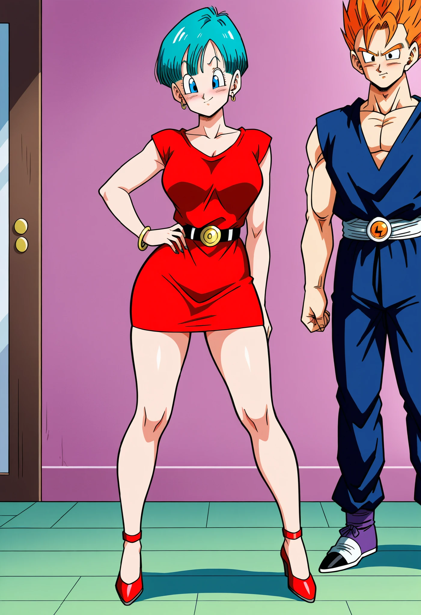 Bulma in her 40s having hot sex with her husband, sexo, red dress raised to the waist, beautiful legs, pretty ass, look sexy, blushed face, shy, backwards looking at the spectator, Dragon Ball style art
