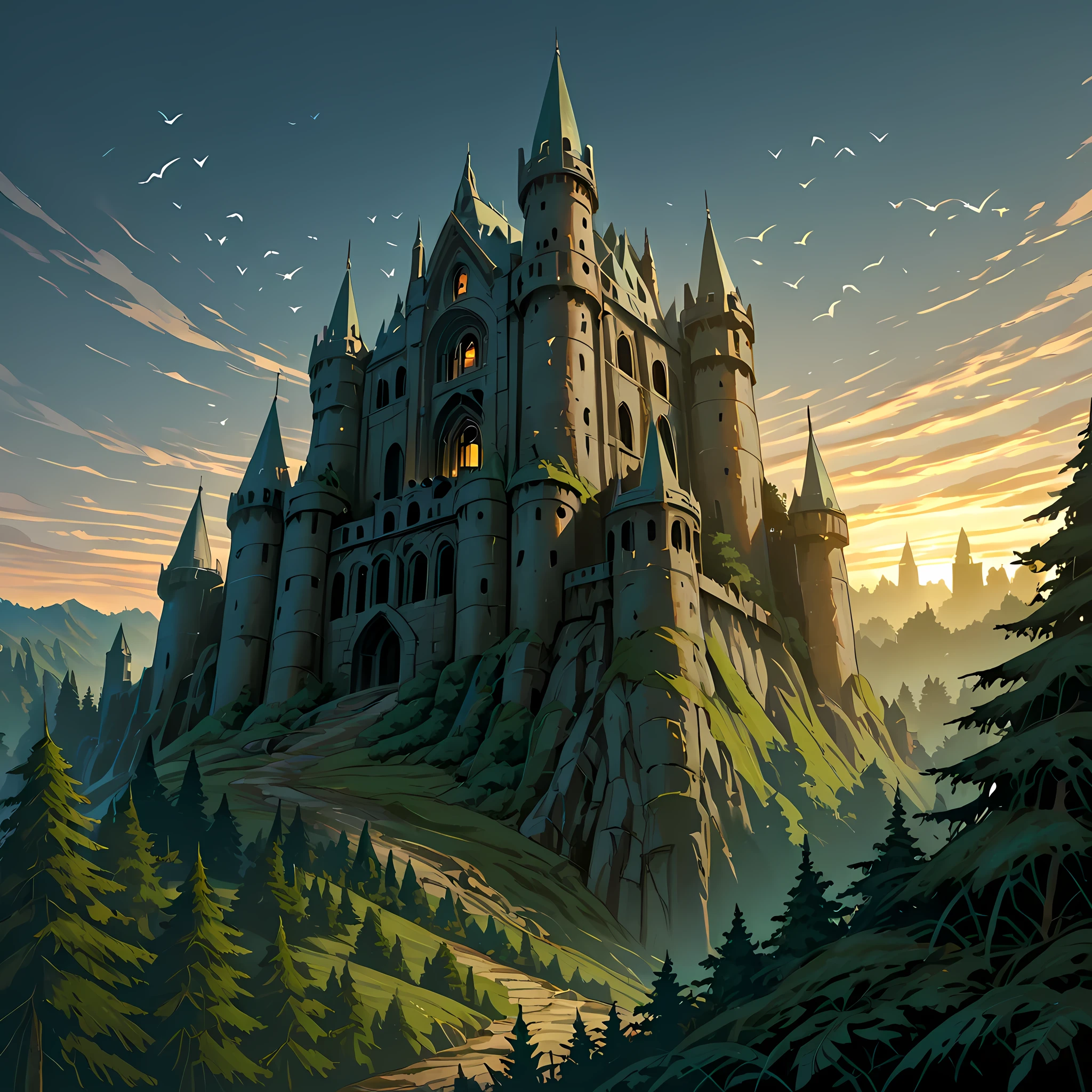 ((castle with five towers, wooden trapdoor and gates, gray colored castle, aged moss on castle walls, castle in the middle of the forest):1.4), ((twilight sky, birds flying in the sky)) | ((best image quality, best shading, best color balance, lighting balance, best sharpness, masterpiece, full HD, epic fantasy art, semi-realistic art, incredibly detailed scenery)), (counter-dive angle, castle seen from close up).