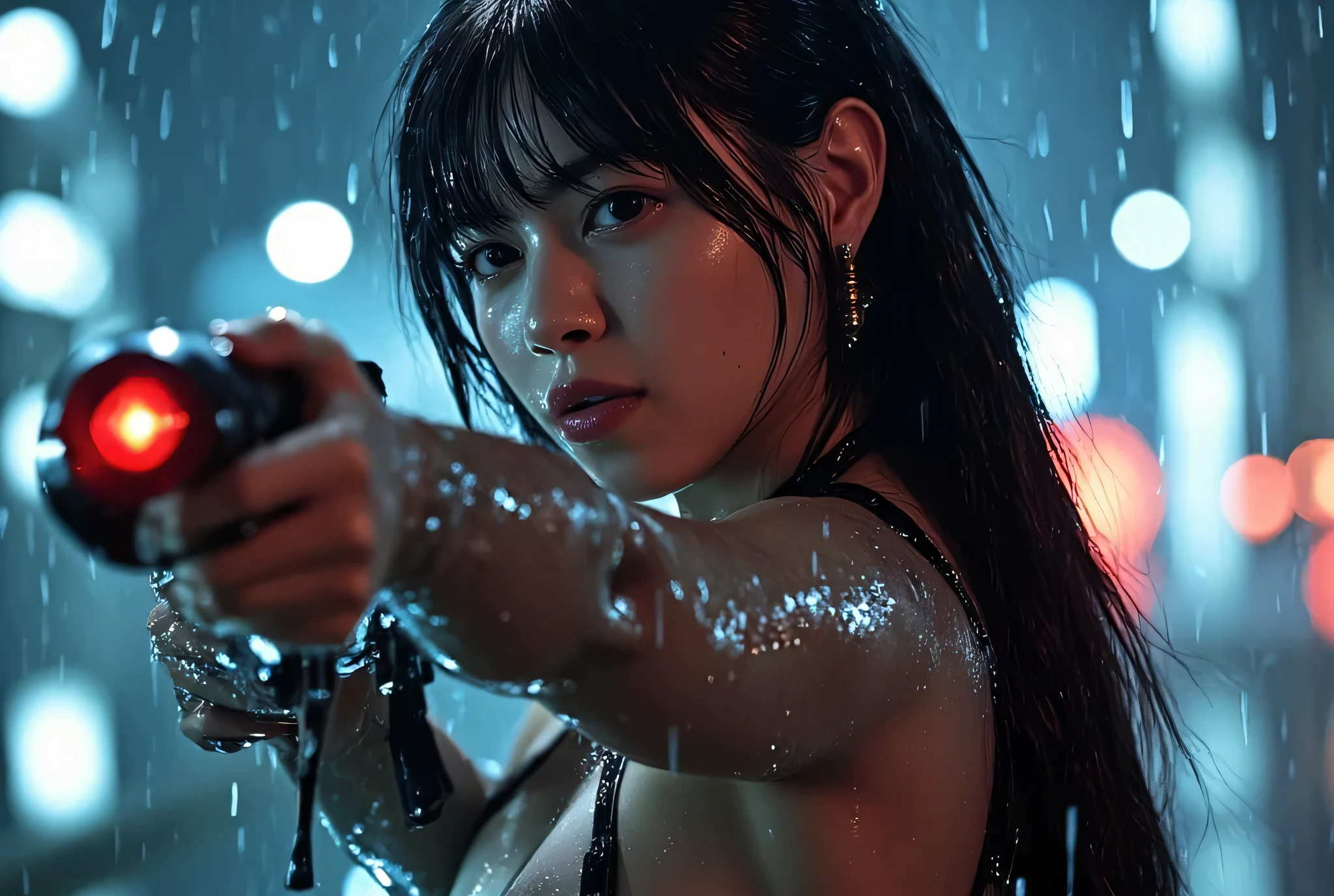 (((On a rainy night with a downpour:2.0))),(((HR Gigger style cyberpunk atmosphere:2.0))),(((cyberpunk-style submachine guns made of clear acrylic from the neck down:2.0))),(( pointing a muzzle at the viewer :2.0)),standing,((full body:2.0)),one woman,(cute face:2.0),(Beautiful well-balanced face :2.0),((long hair with bangs:2.0)),(black hair:1.5),(Beautiful Eyes:1.3),glamorous shot of an 18-year-old Japanese woman,Beautiful slender body,((model body type:2.0)),((slim body:1.7)),Perfect Body Line,Ideal Proportions,((big breasts:2.0)),((スリーサイズ90-55-87:2.0)),((G-cup breasts:1.5)),Big Breasts,Bare thighs,Sensual Thighs,delicate body,(succulent:1.7),harmonious posture,((Realistic breast depiction :1.7)),carefully depicts limbs based on perfect anatomy,Hold 2 cyberpunk-style submachine guns that light up with colorful LEDs,(((translucent skin made of black glass:2.0))),((Holds 2 cyberpunk-style submachine guns made from black transparent glass from the neck down:2.0)),(((Clear skeleton shining with LED:2.0))),((Tactical Holster:2.0)),((((Glass body:2.0)))),CONCEPT ART,(Best Quality:1.5),(masterpiece:1.5),(超高resolution),resolution,UHD,(Delicate Description), carefully drawn with butterfly wings ,32k,((realistic skin texture that shows through the whole body:1.5)),(((ultra-realistic:1.5))),carefully draw eyelashes,very detailed face,Highly detailed female hand, Sexy appearance ,very sensual,(Blurry Dim Backgrounds :1.5),Professional Photography,(Dynamic Angles),(movie lights:2.0),((Blade Runner style light:2.0))