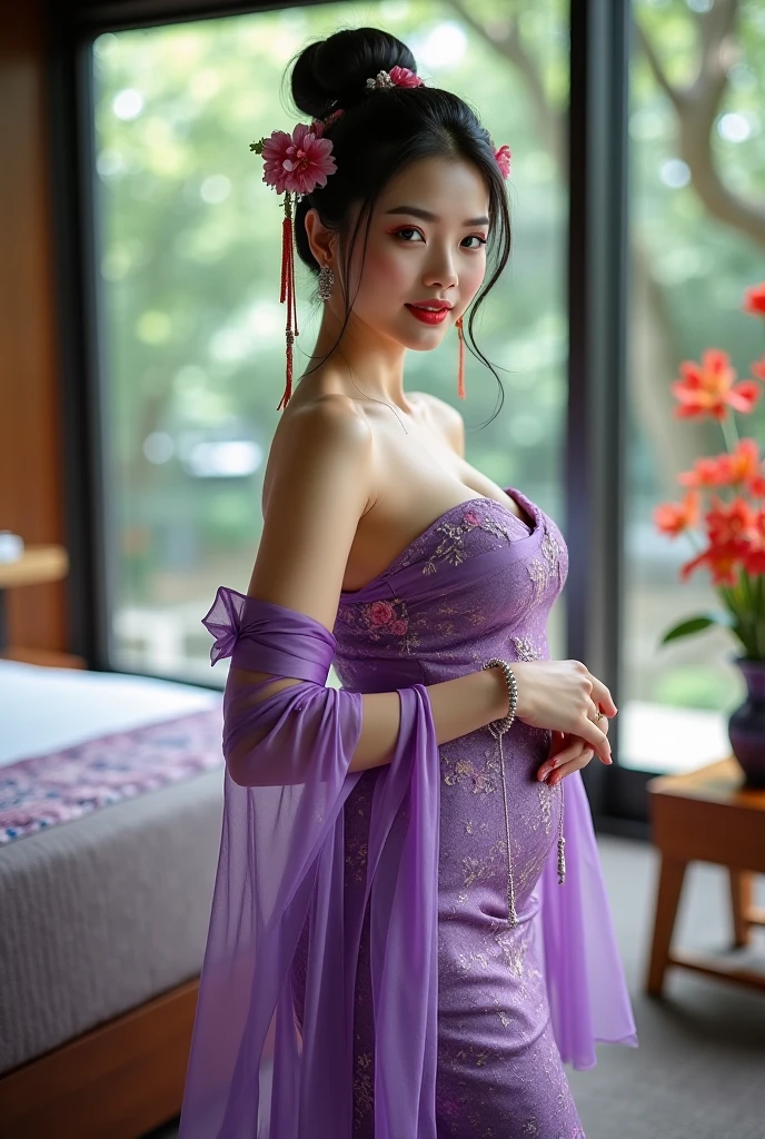((top-quality、masutepiece、8K、Top image quality、Highly complex and detailed depictions))、(The most gorgeous Japanese prostitute goddess:1.1)、((The most gorgeous prostitute goddess huge costume、the most vivid and luxurious costumes、big long costume、An unimaginably luxurious room in a garrison house、Gorgeous purple and pink room in a garrison house、The most luxurious purple and pink Chinese style room、purple and pink gems、(Purple and pink room in a garrison house:1.3)、A glittering room decorated with jewels、mid night、Very complex decoration、A very clear room in a brothel))、(View me、Bewitching smile、Perfect makeup、long eyelashes、lipsticks、Pink eyeshadows、perfect anatomia、Biggest smile)