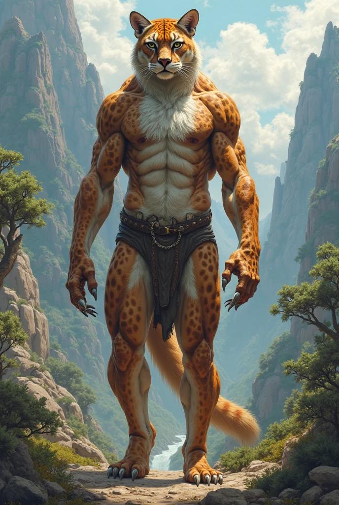 sunny,high resolution,masterpiece,high quality,Heroic and sassy,((Caracal)),male,(((primitive))),Cat furry,(ager),hairy,(Sharp Teeth),(((whole body))),(fierce,indifferent,prompt),(((Symmetry,Slim body,Skinny,muscle,Long and thin limbs,Big palm,Big foot))),(Sandy fur,White chest,White abs,Green pupils),White loincloth,(Slight bulge in the crotch),(Attack Stance),Delicate face,Delicate eyes,Detailed body,Detailed hands,Detailed feet,No shirt,No underwear,Facing the camera,Savannah,Kenket's Art