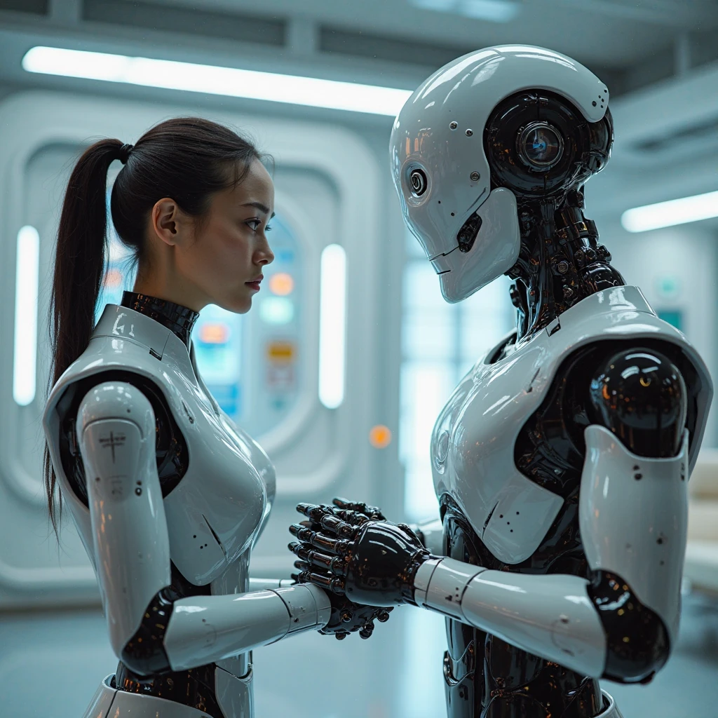 top-quality、​masterpiece、超A high resolution、(Photorealsitic:1.4)、((a beauty girl:1.6)), 1 full-body cyborg girl、sixteen years old、NOhumans、((The skin part is only the face)), Luminous Eyes、((Lots of split metal chest protectors)), Metal Robot、((The whole body is the body of a combat robot))、((Body parts are robot parts:1.8))、((The internal mechanisms of the chest are exposed)), ((Mechanical chest armor with LED indicators and meters)), Robot arms and legs、((Exposed metal skeleton of the abdomen))、Metal skeleton of the cervical region、Under repair、destroyed body、Metal Mechanical Bra、Full Body Metal Skin、Metal bodysuit、Metal scales covering the whole body、body made of metal、Whole body metal、a beauty girl、prosthetic hand、artificial leg、Full body cyborg、Exposed metal skeleton、Asian Beauty、cyberpunked、steampunc、Inside the futuristic space battleship、laboratory、Complex 3d rendering beautiful porcelain profile ultra detailed female type android face、dark brown  hair、glowy skin、((super realistic details))、portlate、globalillumination、Shadow、octan render、metals、Details of complex ornaments、Japan details、highly intricate detail、Realistic light、CGSoation Trends、a purple eye、radiant eyes、Facing the camera、neon detailechanical limbs、blood vessels connected to tubeechanical vertebrae attached to the back、mechanical cervical attaching to neck、sitting on、Wires and cables connecting to the head、Gundam、Small LED lamp、​masterpiece、 Metal Robot、body made of metal、Whole body metal、prosthetic hand、artificial leg、Full body cyborg、Exposed metal skeleton、Asian Beauty、cyberpunked、steampunc、Futuristic cities、laboratory、Complex 3d rendering beautiful porcelain profile super detailed female android face、cyborgs、roboticparts、150mm、beautiful studio soft light、Rim Lights、vibrant detail、luxuriouscyberpunk、Ren Hao、surrealistic、Anatomical、face muscles、cable electric wireicrochips、elegent、beatiful backgrounds、octan render、HR Giger Style、8K、top-quality、​masterpiece、illustratio、extremely delicat