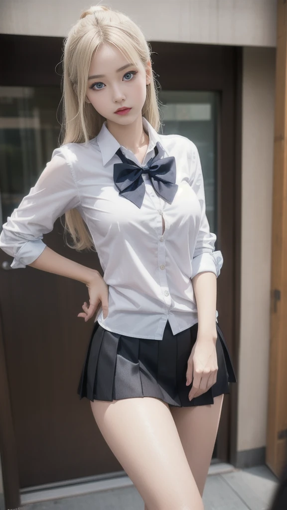 Korean school uniform,White transparent button-up shirt,JK uniform miniskirt,School Classroom,school stairs,Chest thrust pose,8K Ultra HD original photos,A high resolution,17-year-old South Korean,very large round breasts,,beautiful eyes in detail,long eyelasher,beautiful double eyelid,eye shadows,eyes liner,Elongated eyes,Elongated eye shape,Sanpaku eyes,evilsmile,Evil expression,Beautiful and very thin legs, Beautiful and very thin thighs,Random long hair,Hair tied behind the head,耳Nipple Ring,Bright blonde hair,sexyposture
