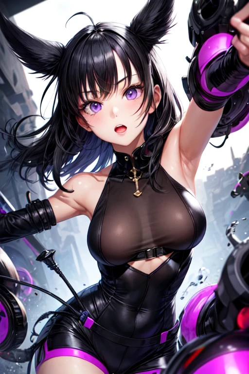 cute face, extreme abs, cute face, extreme abs, rainbow hair, intricate details, city, cyberpunk, lightning, cityscape, smiling, long hair, beautiful girl, jewlery, neon green hair, cat ears, highly-detailed, perfect face, purple eyes, lips, raining, tall, make up, zero gravity, planets space glowing powerballs, cosmic fuzzy style, zero gravity, magical ribbons, power display,cyberpunk outfit, s, jewlery, quantum balls of power and light, detailed, fractal sky, lightning,