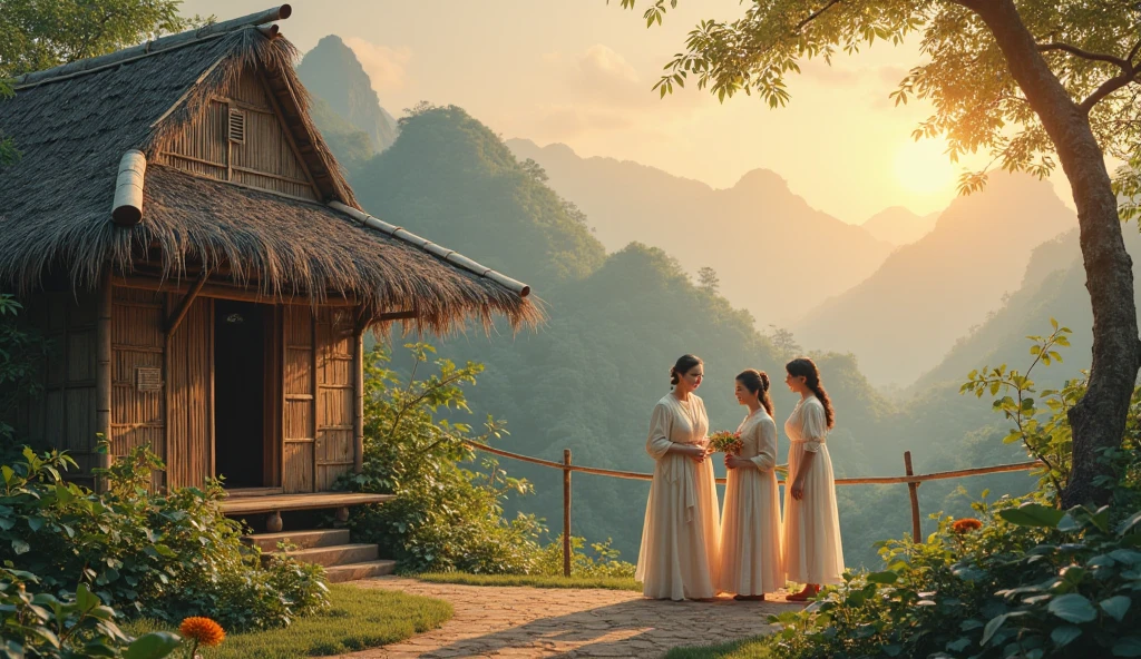 image of a simple house with a roof made of palm leaves, a house made of bamboo in the mountains and forests, with an old mother and a younger sister and a beautiful older sister getting married