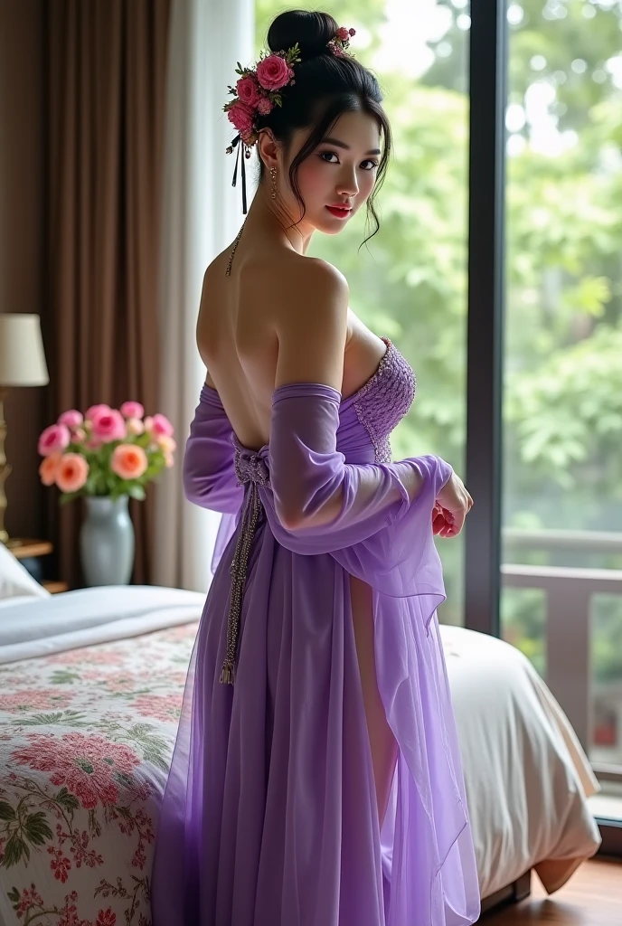 one girl tied up by another one,(bright lighting,romantic setting),dreamy background,bondage,dark hair, mesmerizing gaze, , soft skin, alluring beauty, artistic portrait, high-quality image, vibrant colors, long silk gown, in the bed, mosquito net