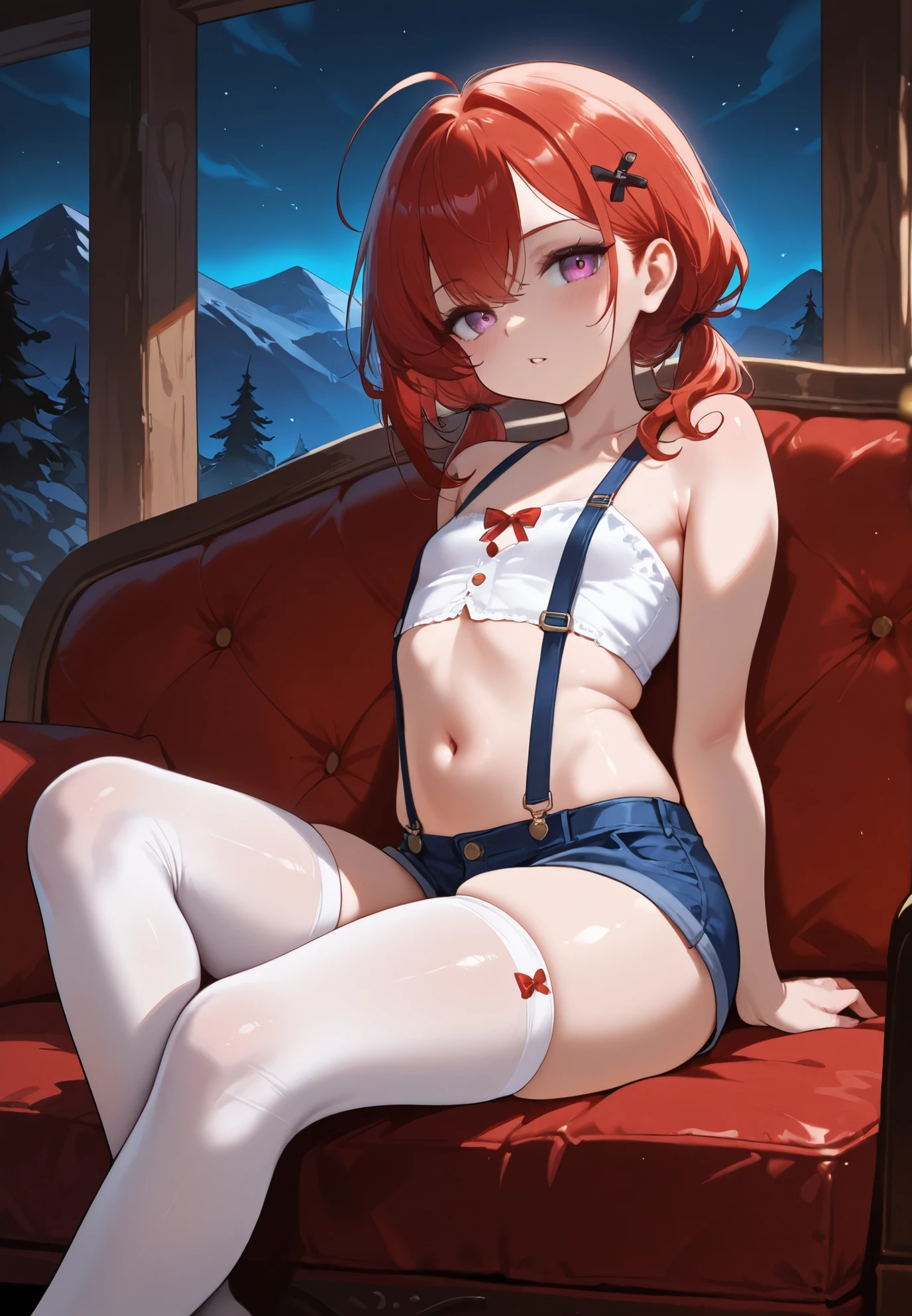 An anime girl with red hair and blue eyes wearing a skirt and an open shirt revealing a black and red bra