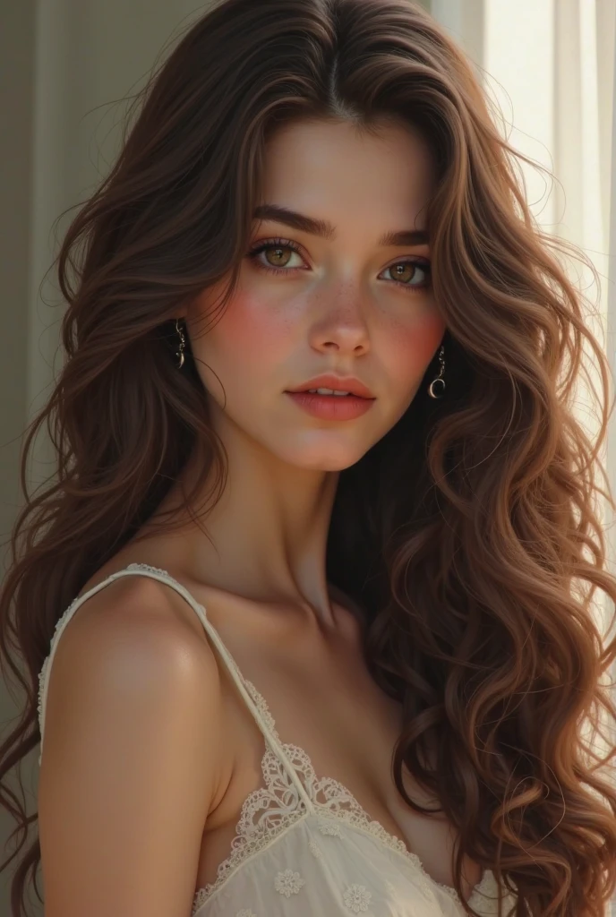 Face of a 30 year old girl, Perfect face, full lips, curly hair, defined face