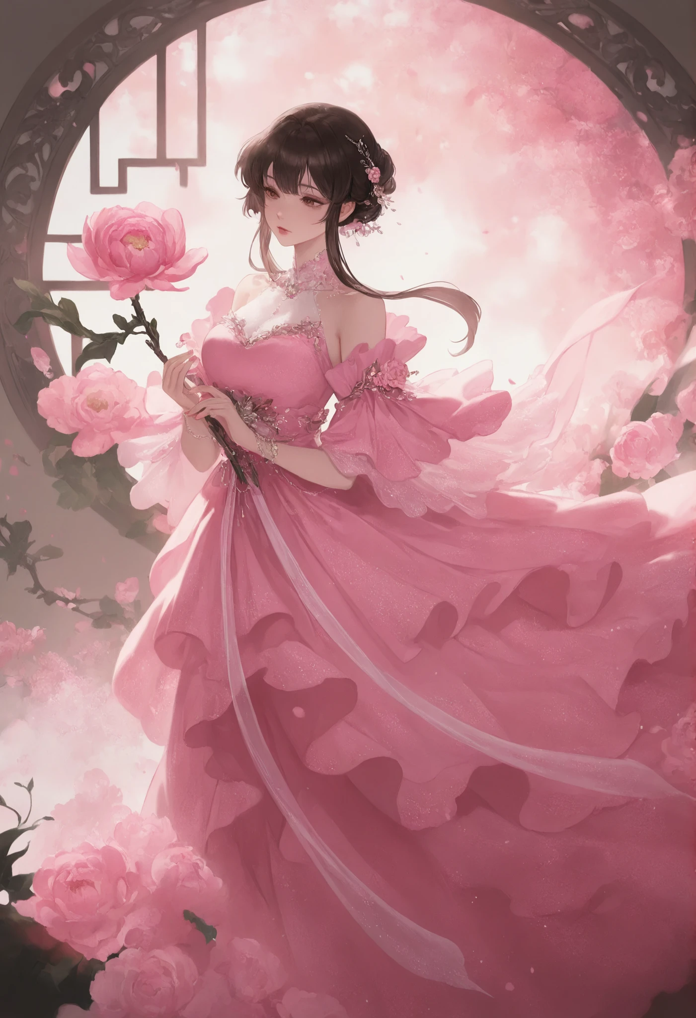 1girl,peony_demoness, layered_petal_dress_shedding_hourly, fragrance_intoxicating_swordsmen
,masterpiece, best quality, newest, highres, absurdres,