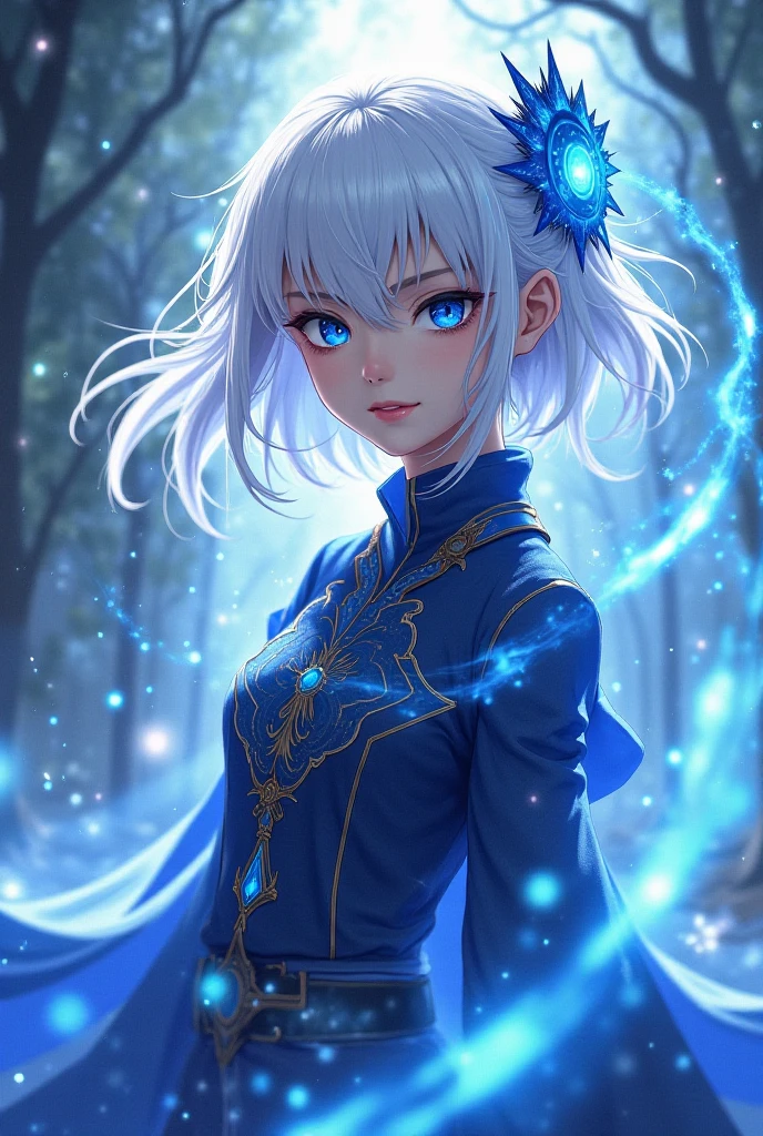General description:

AGE: Approximately 25 years old.
hair: negro, seeds, and medium length. Her hair is neatly combed to one side., with bangs falling over her forehead, almost covering one of his eyes.
eyes: deep blue, with a cold, distant glow that reflects his calm exterior, but also a touch of sadness and resentment.
fur: by tez clara, almost pale, accentuating his melancholic and distant appearance.
outfit:

jacket: He wears a royal blue jacket, fitted and elegant, with silver details on the edges. The jacket has an asymmetrical design, with one sleeve slightly longer than the other and a high collar that sometimes partially covers the face. The texture of the material appears to be a mix of leather and durable fabric., Designed for protection and mobility.
pants: He wears simple black pants, tight and comfortable, that allow ease of movement during combat.
Boots: Wear black combat boots, robust and functional, with details of metal straps and buckles, that add a military touch to your appearance.
Additional Details:

Weapons: He often carries the Azure Glowstone Staff with him., which has a subtle lunar glow that contrasts with her dark attire. The Moonshroud Sword is also at his side, sheathed in his waist, with an elegant design that emits a soft glow.
Posture: Zero moves with a calculated and serene grace, His movements are precise and measured., displaying a combination of martial skill and emotional control.
Expression: His face usually shows a neutral expression., almost imperturbable, but with a look that suggests an internal storm of contained emotions.
Aura: When in combat or using his power, A dim, blue light envelops his body, reflecting her mastery of the Dance of Artemis and her connection to lunar energy. This glow gives it an ethereal look., almost ghostly, enhancing his nickname of The Lunar Ghost.