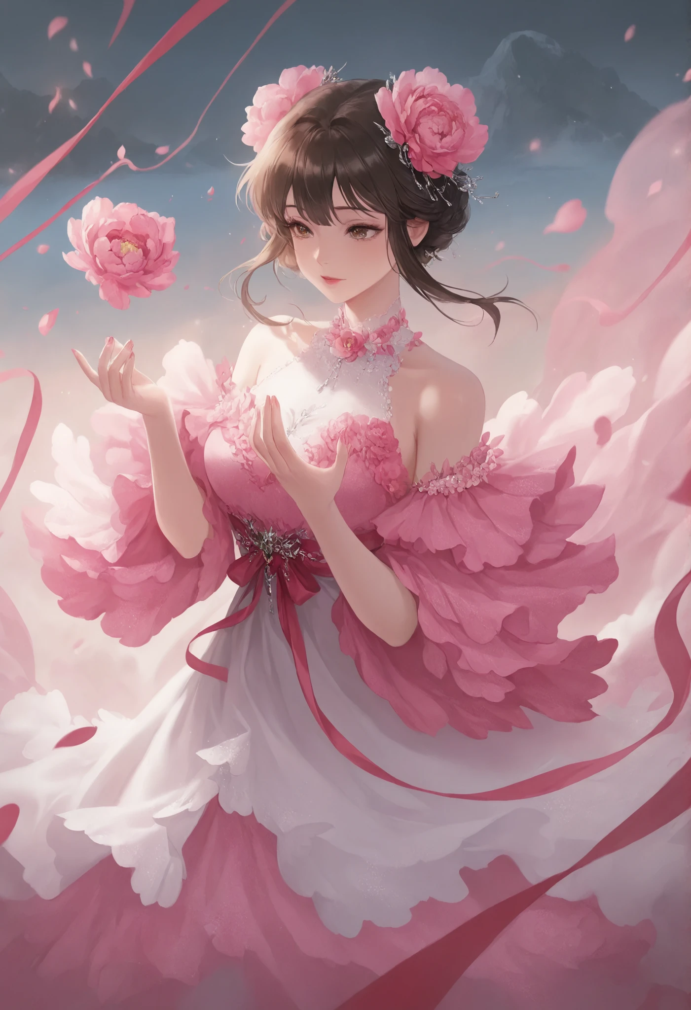 1girl,peony_demoness, layered_petal_dress_shedding_hourly, fragrance_intoxicating_swordsmen
,masterpiece, best quality, newest, highres, absurdres,