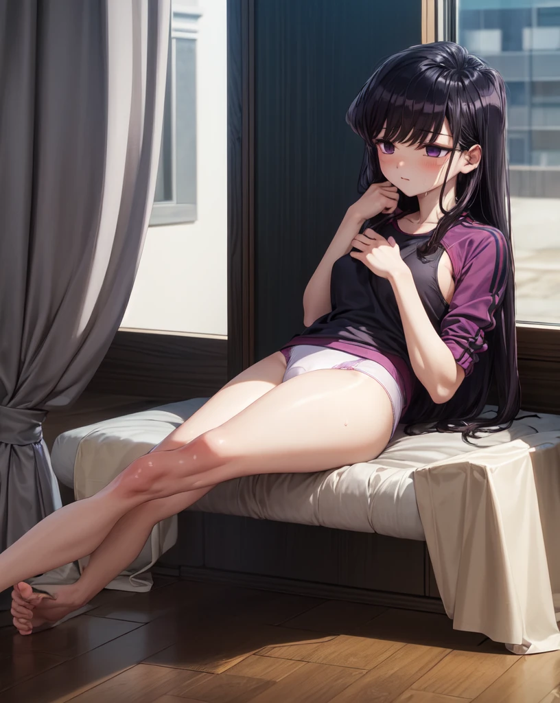 16-year-old brunette girl, dark black shirt that covers her arms, short wine shots, feet resting.