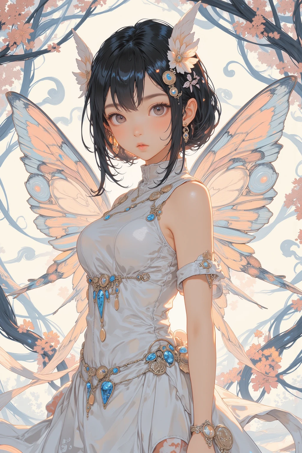 This is an ((ultra detailed)) and ((best quality)) fantasy (((masterpiece))). Generate a beautiful wood faerie standing in the middle of a magical forest. Detailed leaves of oranges and reds float through the air and seem to swirl in a strong gust of wind. The ((faerie's eyes are important)) and are beautiful eyes, ((realistically detailed eyes)), interesting eyes, and (((colorful eyes))) with complex patterns. Her clothes are soft and in autumnal hues, with flowing silk that dances in the breeze. Utilize ((dynamic composition)) and cinematic lighting to create a compelling image. Include beautiful eyes, (puffy lips), orange leaves, red detailed leaves, hazy rays of light, wind, cold