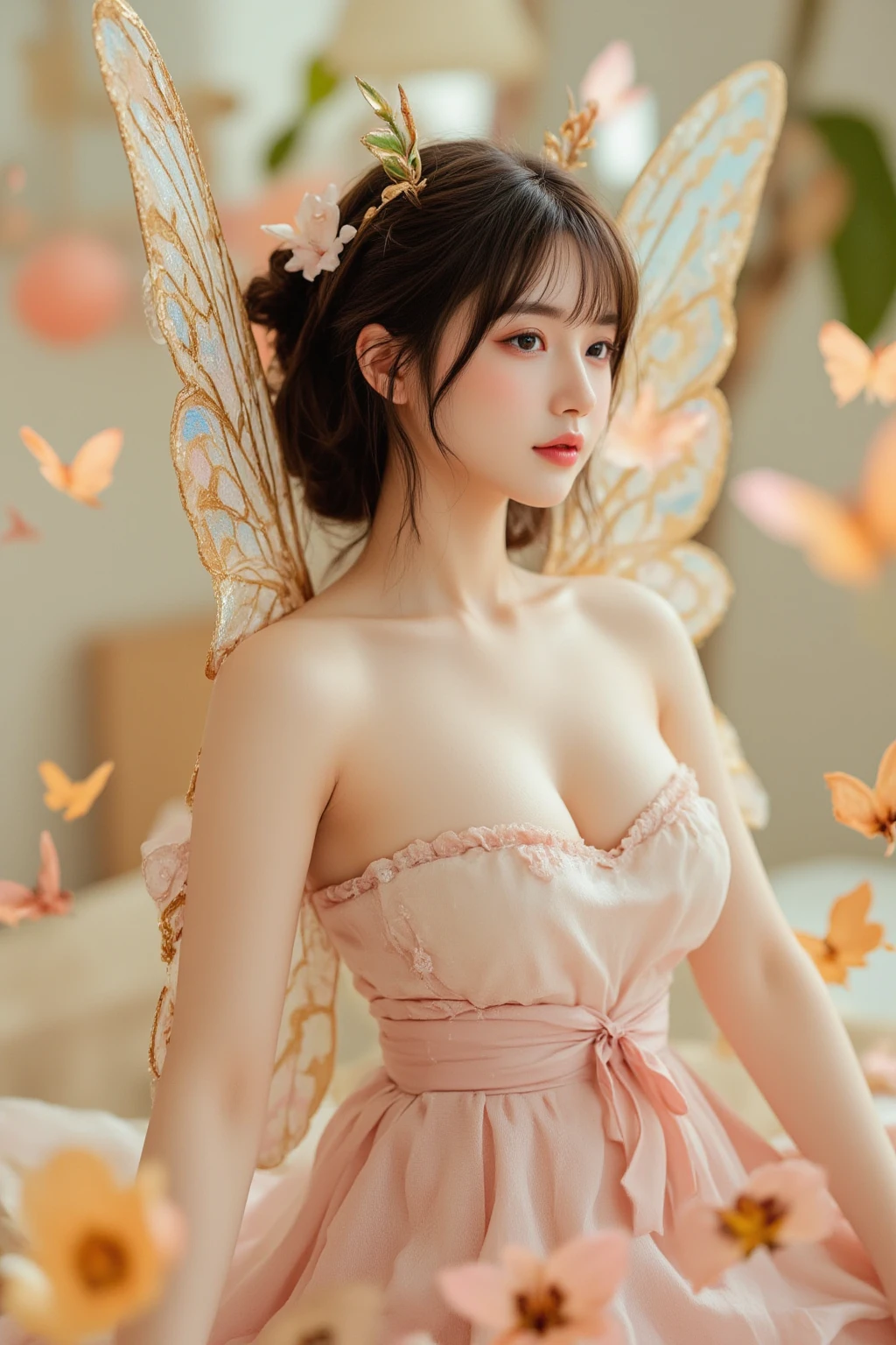fairy dress sweet girl, Multi-colored hair,Striped hair,Cross Bangs,Messy hair,Colored contact lenses,Flower-shaped pupil,make up,shy,Blush,Parted lips,Heavy breathing,moan,torogao,Surrealism,Realism,Movie Lighting,Relief,Sony FE GM,Retina,masterpiece,precise,Anatomically correct,Textured Skin,Super Detail,High Detail,best quality,Beautiful dance dynamics, Bright pastel colors, Visible cleavage, Pretty and beautiful, Sexy long legs, Ethereal,Mixing reality and fantasy elements, Complex patterns, rich and colorful