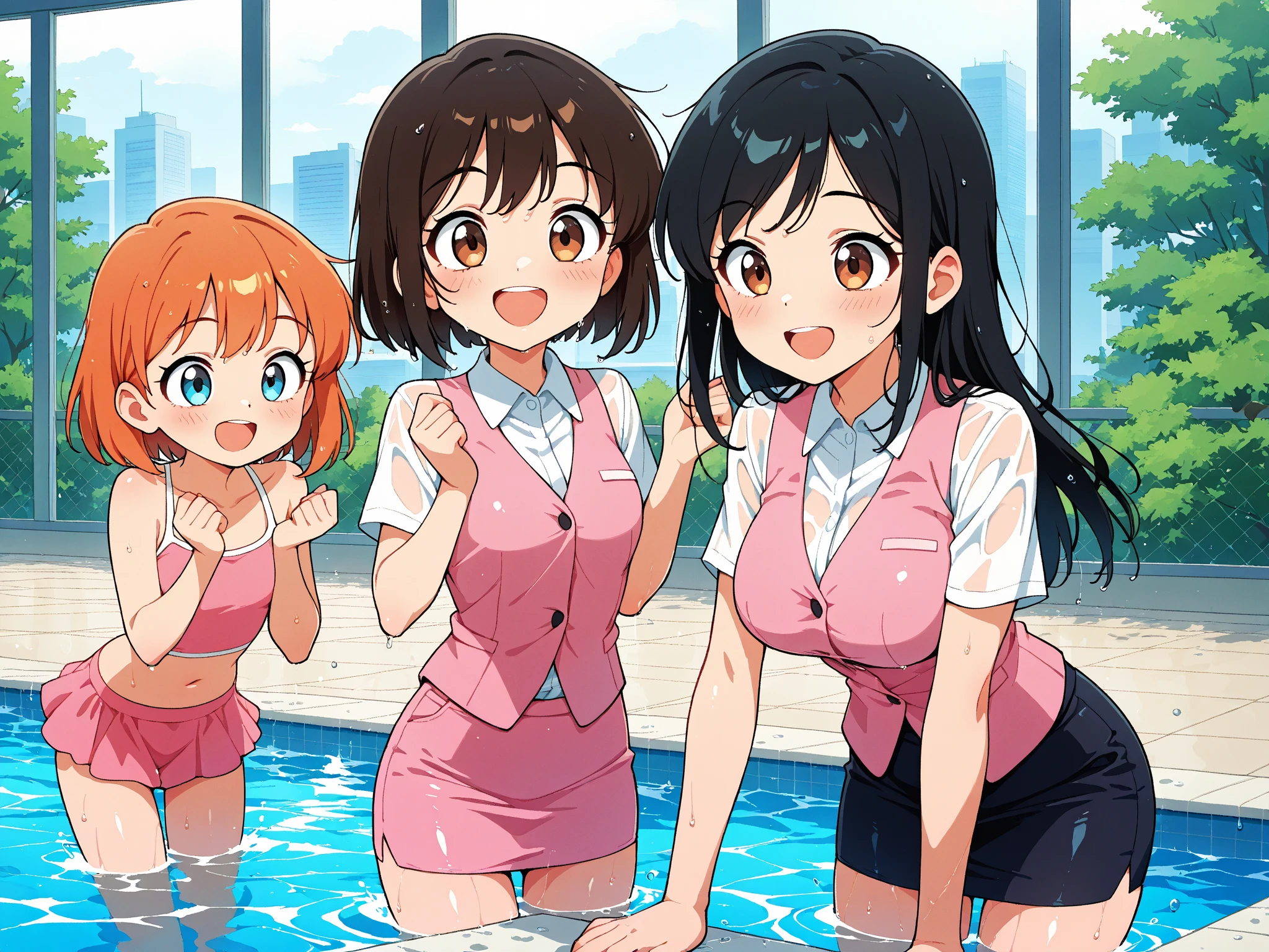(masterpiece), best quality, (16k), expressive eyes, perfect face, office lady, 3 girls, huge breast, navel, ((topless)), (((wet cobalt blue solid pencil mini skirt))), bare arms, bare legs, shiny skin, wet body, indoors, in the shower room, brown hair, lower ponytail, wet hair, brown eyes, standing, smile, :D, (cowboy shot),