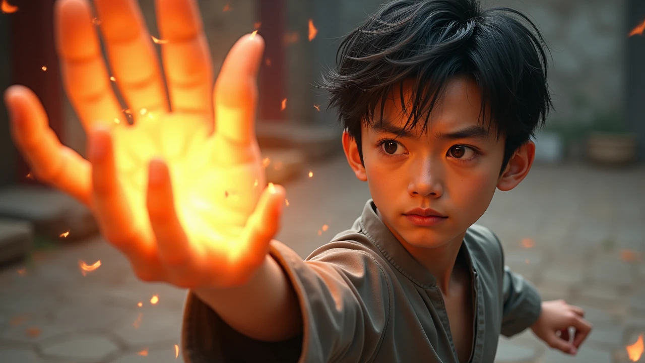 A very handsome boy one hand hold katana with white clothes and fire in one hand