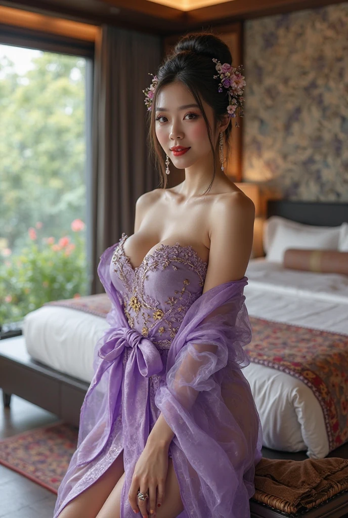 nsfw,(nipples peek:1.1),(Rococo architecture:1.2),(Castle balcony), Dynamic angle,((1girl, Purple sheer mermaid frill dress , highest resolution)), (beautiful illustration),(semi long beautiful hair),(looking at the viewer),innocent smile,cinematic lighting,white over-kneehighs,Lace chalker, wristband,wristband, white fingerless gloves, earrings,day,blue sky,Big Breasts,Red lipstick,