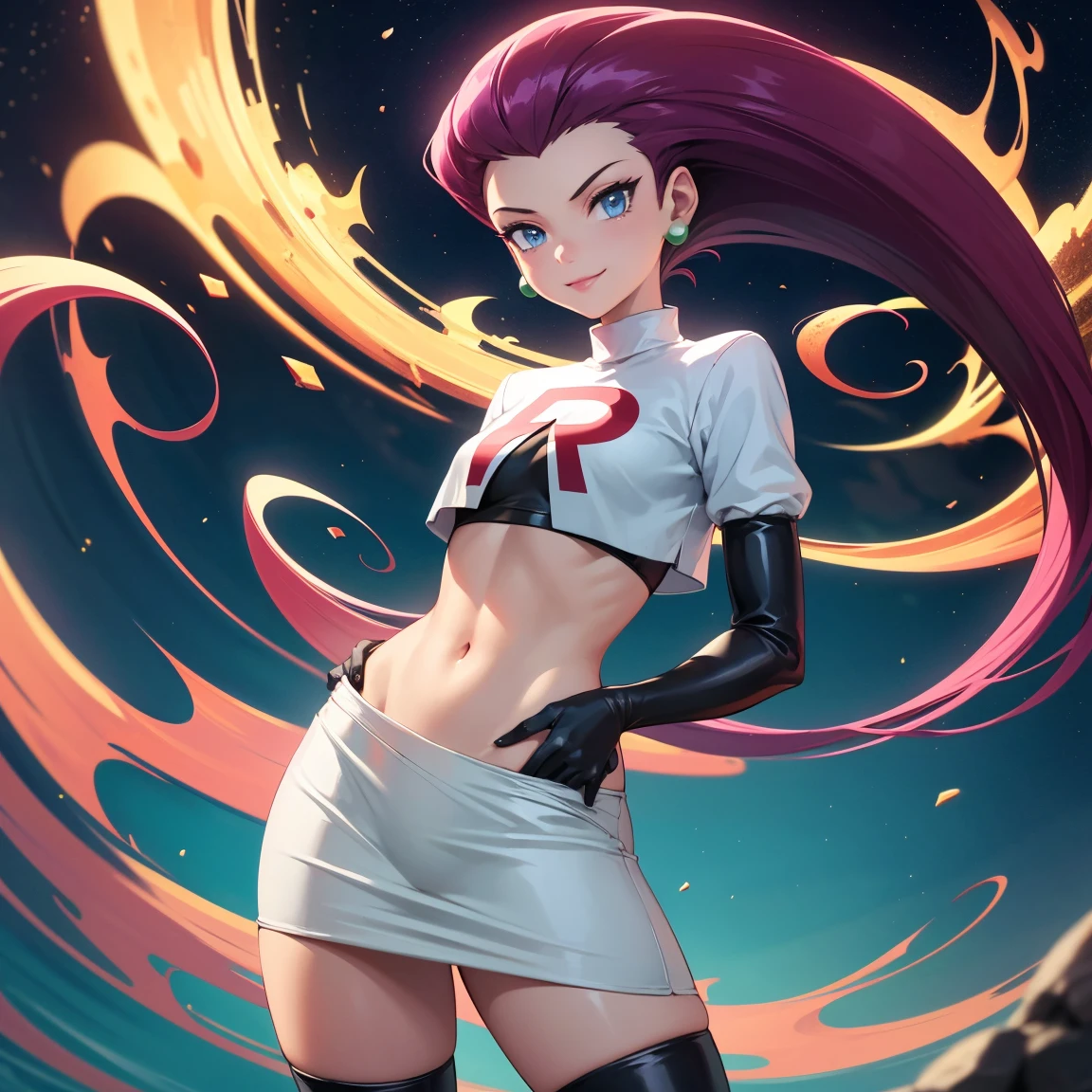 masterpiece,extremely detailed CG unity 8k wallpaper, best quality,32k,focus sharp,
jessie pokemon, team rocket, gloves, hair slicked back, long hair, jewelry, skirt, navel, thighhighs, earrings, elbow gloves, team rocket uniform, crop top, blue eyes, midriff,outdoor,park,trees,city,crowd, belt, black gloves, very long hair, simple background, smile, black thighhighs, purple hair, looking at viewer, breasts, white skirt, miniskirt
<lora:more_details:0.2><lora:jessie-v2:1>