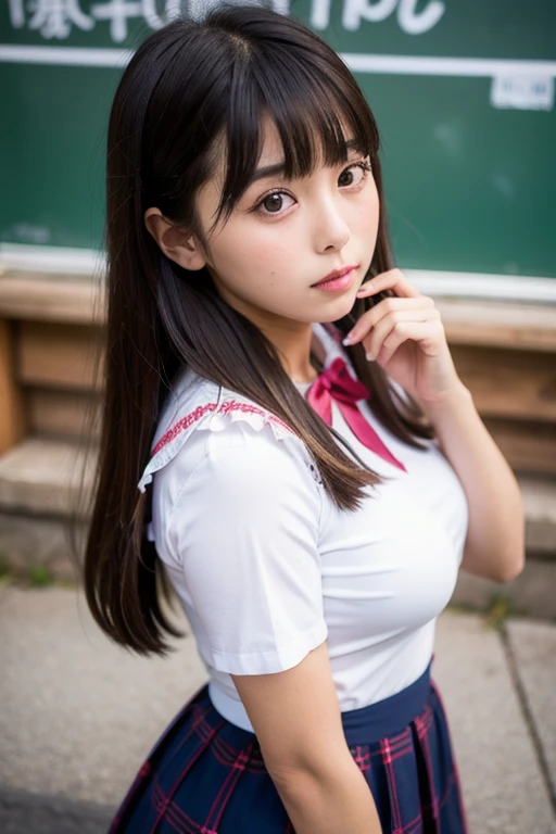 ((highest quality, masterpiece :1.3)), Photorealistic、Ultra-high resolution、Natural skin texture、Hyperrealism、Reflection from the waist up、Beautiful Japanese girl in her early teens、One girl、Larger breasts、Pink cheerleader uniform、Frightened expression、Eyes are unfocused