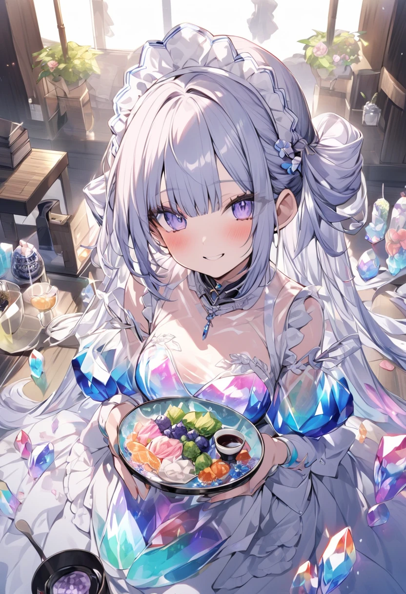 Highest quality, Ultra-high resolution, Fantasy、One girl, Transparent silver hair、Feather-like costume, 20cm Fairy、table、dish、50cm donut、(50cm donutをしがみついて食べる小さなフェアリー)、 From above
