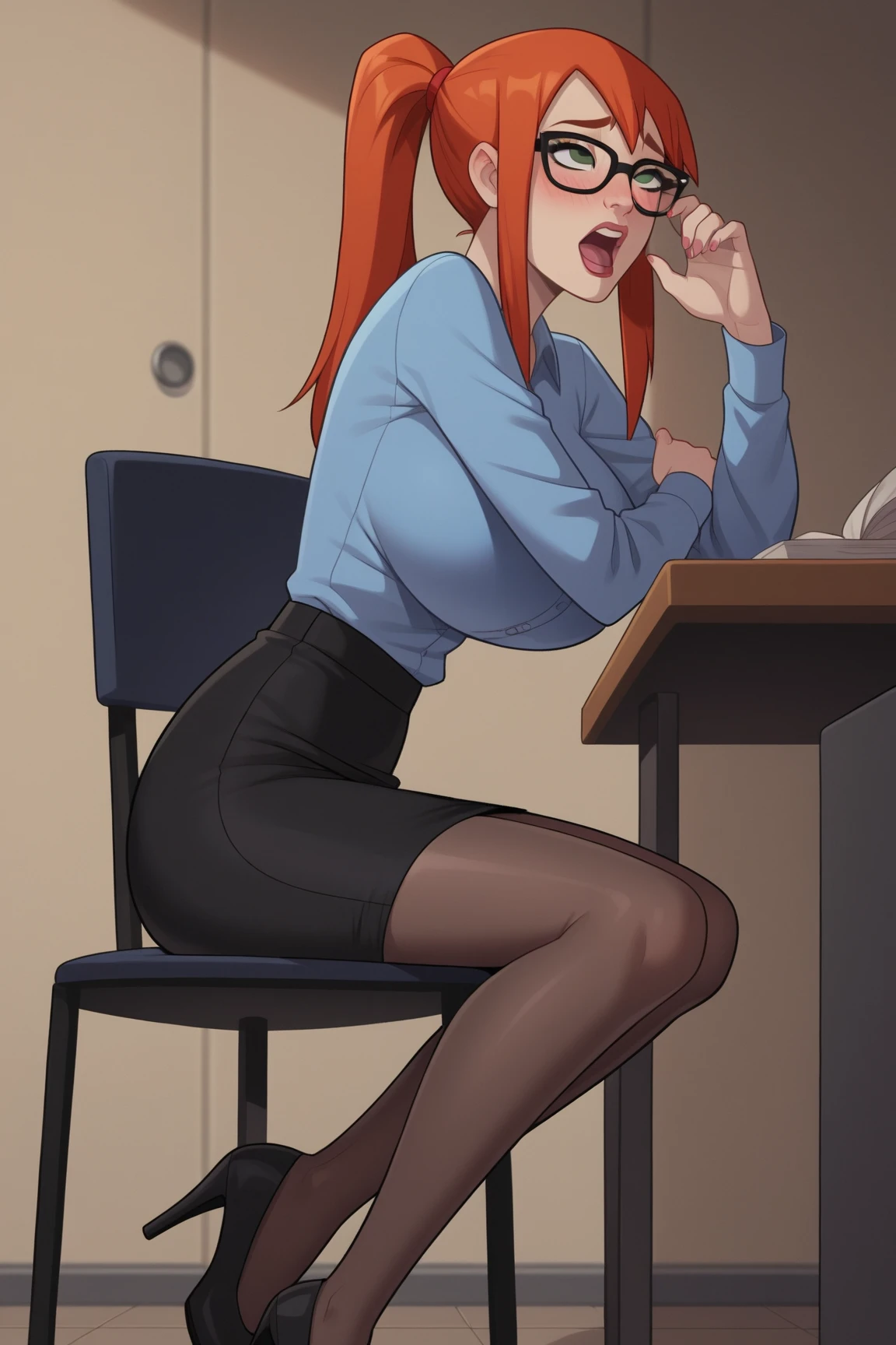 (Masterpiece), Best Quality, ultra-detailed, 1girl (Gwendolyn_Tennyson,  Slender and sexy body, lovely small breasts, orange hair, long wave hair, green eyes, half-closed eyes, spectacles), a come-hither face, smirk , parted lips, nose blush, blush, facing viewer, looking at viewer, solo, business suits,business  jacket, dark blue jacket, white y-shirts(buttons), necktie,  tight skirt,dark blue skirt, black pantyhose, black  heels, in the classroom, night time, , sitting,  sitting on desk, crossed_legs, come-on, lure,, Sexy waist teasing,  , Full-body , from_below 