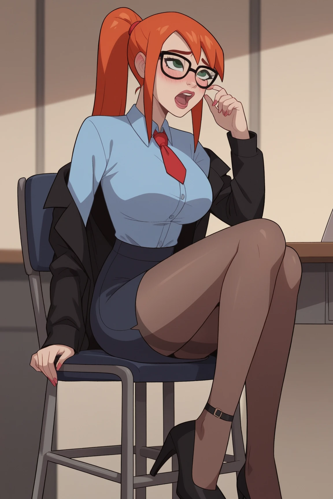 An office girl. Wearing a very tight and very revealing white shirt. She is wearing a black bra underneath it. Hard nipples. She is wearing a short black skirt revealing red panties. Sitting on a chair spreading her legs. Groping her breasts. Ahegao face. Very detailed. Anime. Perfect anatomy. Perfect hands. Pretty eyes. Heavy breasts. Drooling. One girl. Single girl.