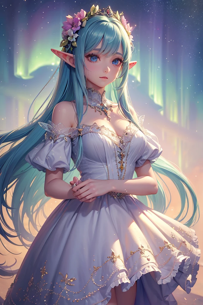 Halbnahe einer jungen Elfe mit langem, straight and silky white hair and blue streaks in her hair, Sparkling green eyes and a shy expression in a silk dress, realistisch、masterpiece quality、best qulaity、Offizielle Kunst、beauty and aesthetics