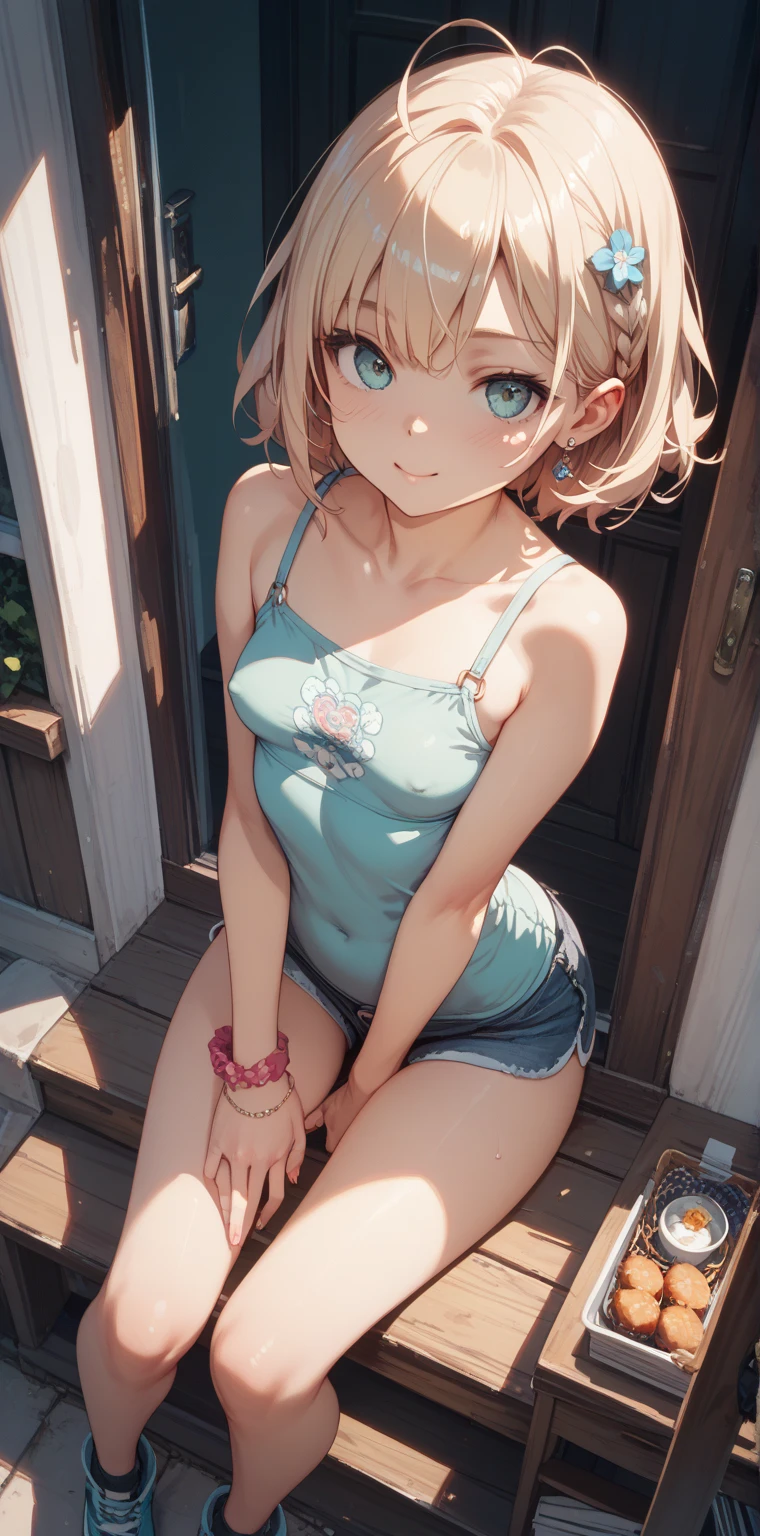 Very detailed image 8k European junior high school girl Beautiful girl Blonde Short hair Small breasts Beautiful legs Blushing Sweat running outside Athletics Crawling on all fours Spreading legs as wide as possible Composition seen from below White skin White dress Regretful expression Hair disordered