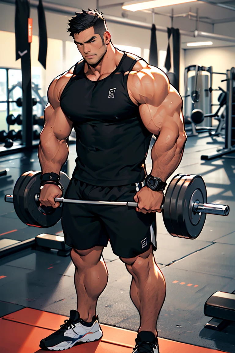 (work of art, best qualityer,)((detailded)) (one men) 肌肉男, Red hair, Eyes red, Homem com raiva, defined muscles, scar on chest, gym shorts, one men com corpo musculoso, muscular character, photo by full body, superhero body, full character body, full body concept, detailed full body concept, muscle body with battle scars, figura muscular, humanoid form, realistic proportions!!, full body and head, (gym in the background with exercise equipment)