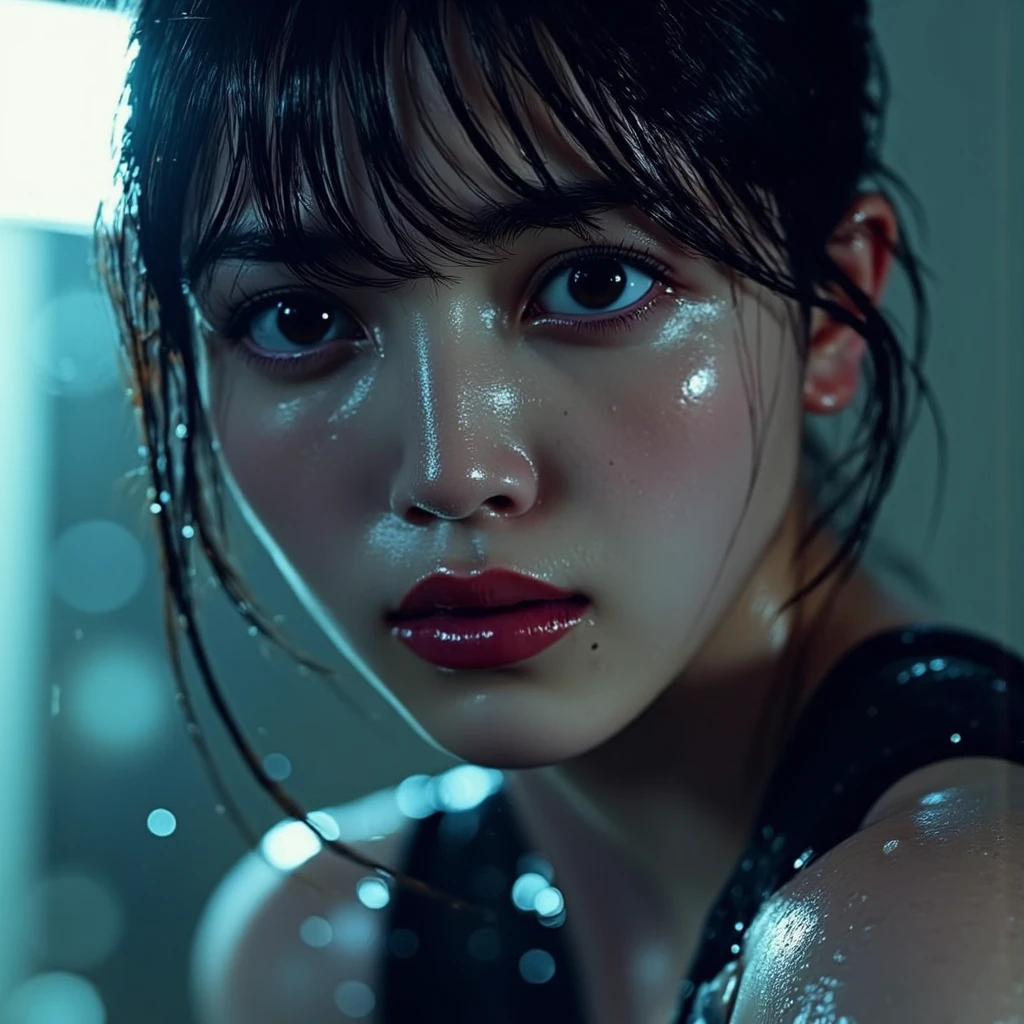 highest quality, masterpiece, ultra high resolution, (realistic:1.4), Raw photo, 1 girl,
wet hair, wet body, water droplets on the skin,Gothic dark and moody tones, softbox lighting, Chekifilm、white underwear、sleep on your back on a hotel bed、beautiful breasts