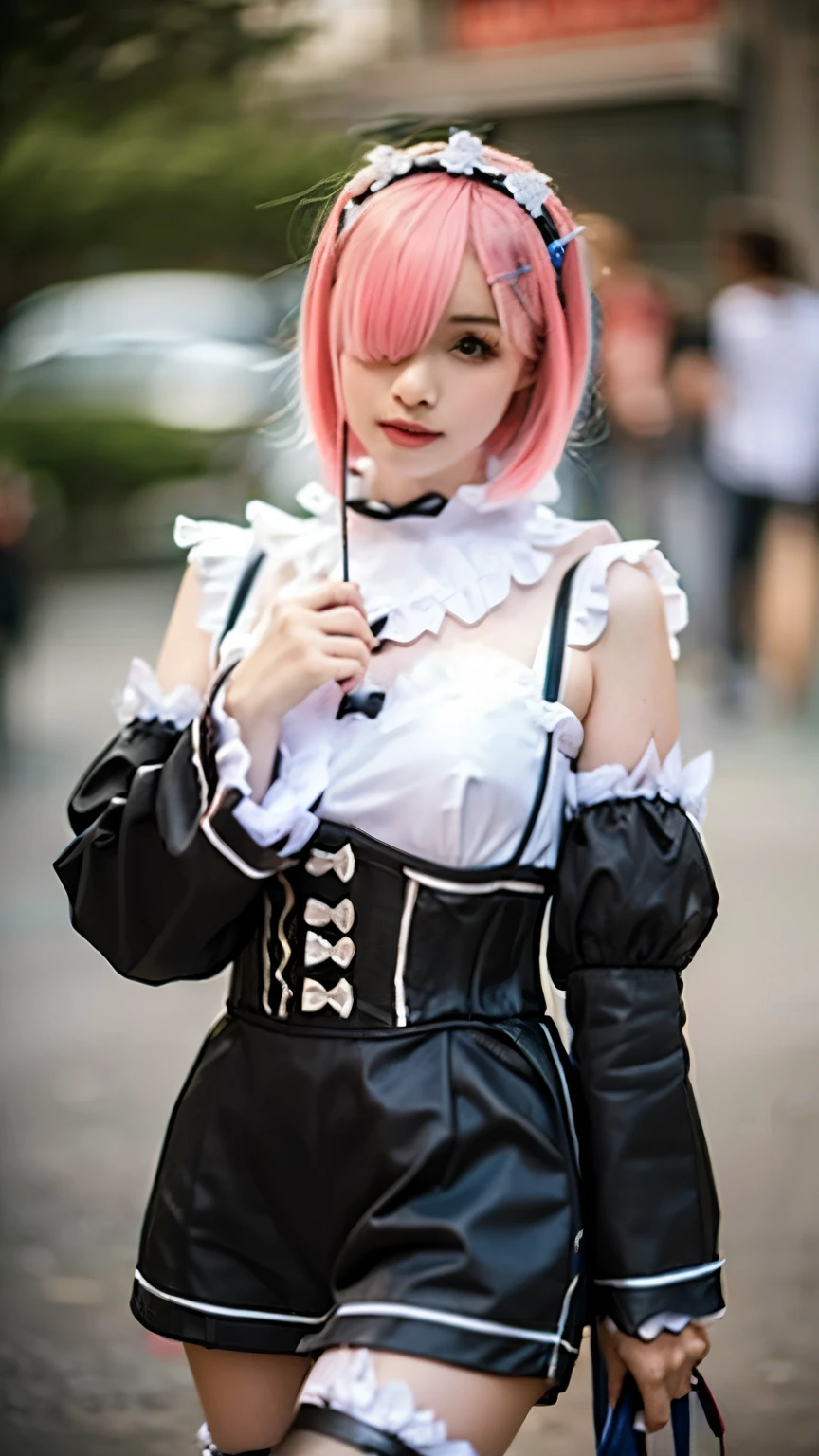 Ram – Mafia Princess**  
*Ram in a white cropped blazer with a black corset underneath, paired with leather pants and knee-high boots. Her long pink hair flows over one shoulder as she smokes a slender cigarette, exhaling smoke with a bored expression. A golden pocket watch dangles from her belt. She walks with effortless dominance, her sharp nails painted black. Ultra-realistic skin shading, 8K UHD