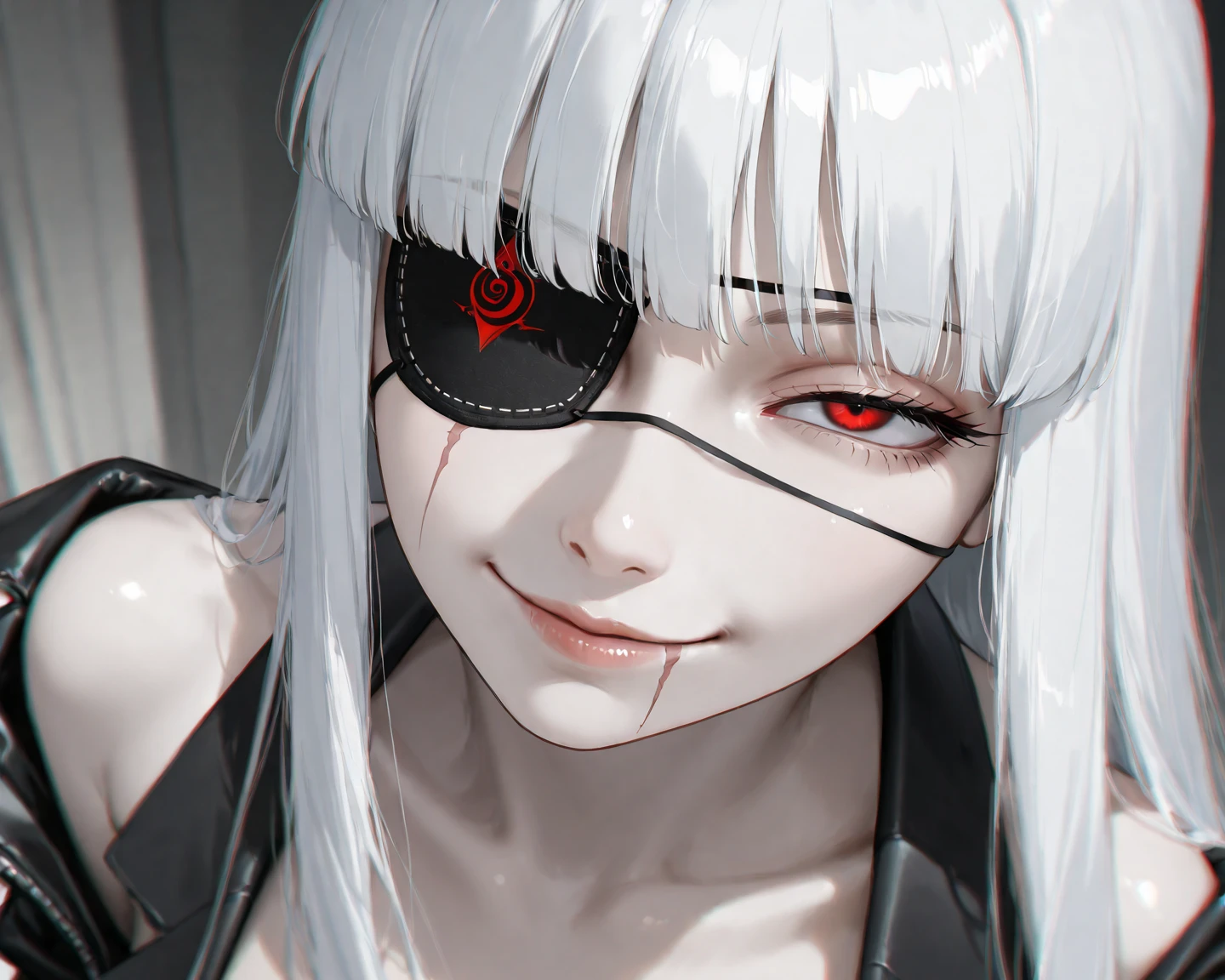  White haired girl Red eyes. 
Her face marked with two scars, one on her eyes and the other on her lip. Dressed in anime style jojo, cold look would be
